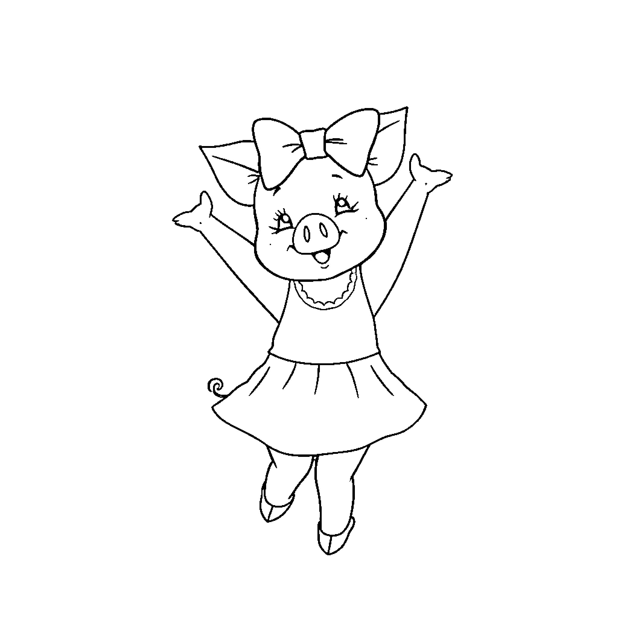 Baby Miss Piggy excitedly jumping with joy Coloring Page (free black-and-white line drawing printable PDF for all, from beginners to advanced learners, including children, teens, adults, and seniors)