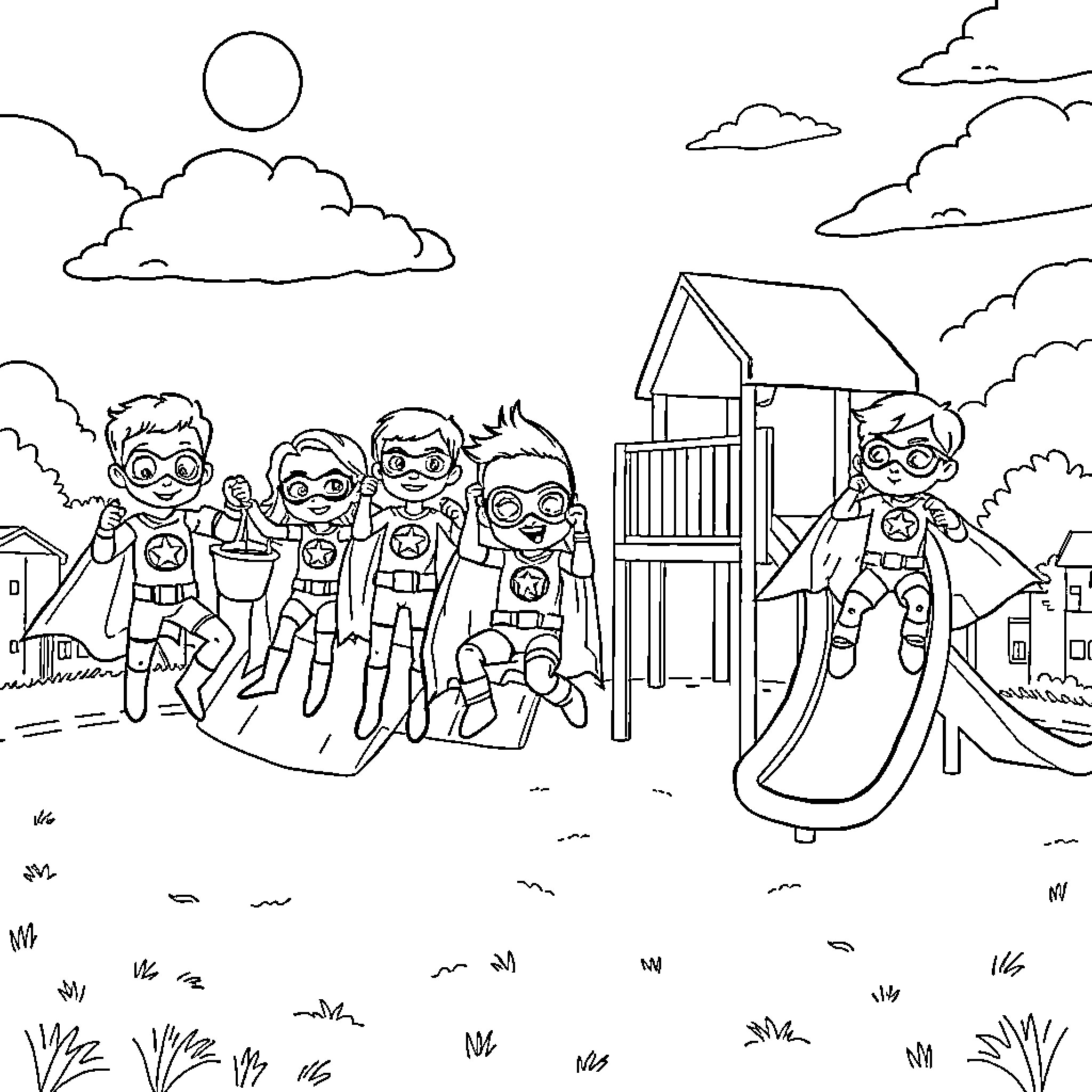 Superheroes playing on playground equipment Coloring Page (free black-and-white line drawing printable PDF for all, from beginners to advanced learners, including children, teens, adults, and seniors)