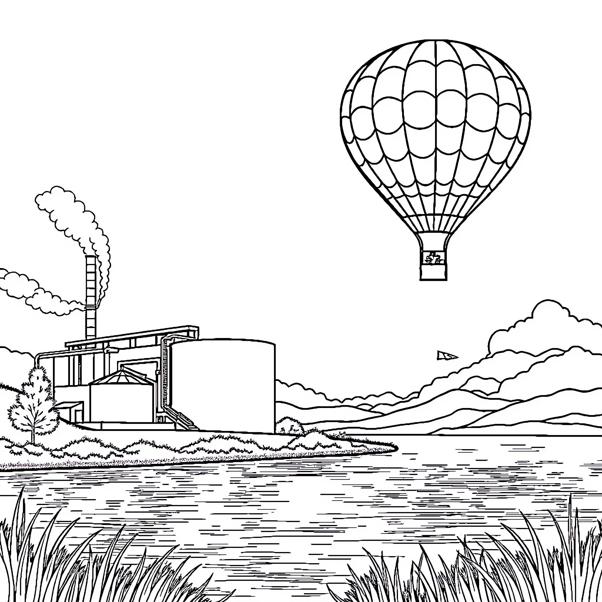 Water Treatment Plant with Hot Air Balloon Over Scenic Landscape Coloring Page (free black-and-white line drawing printable PDF for all, from beginners to advanced learners, including children, teens, adults, and seniors)