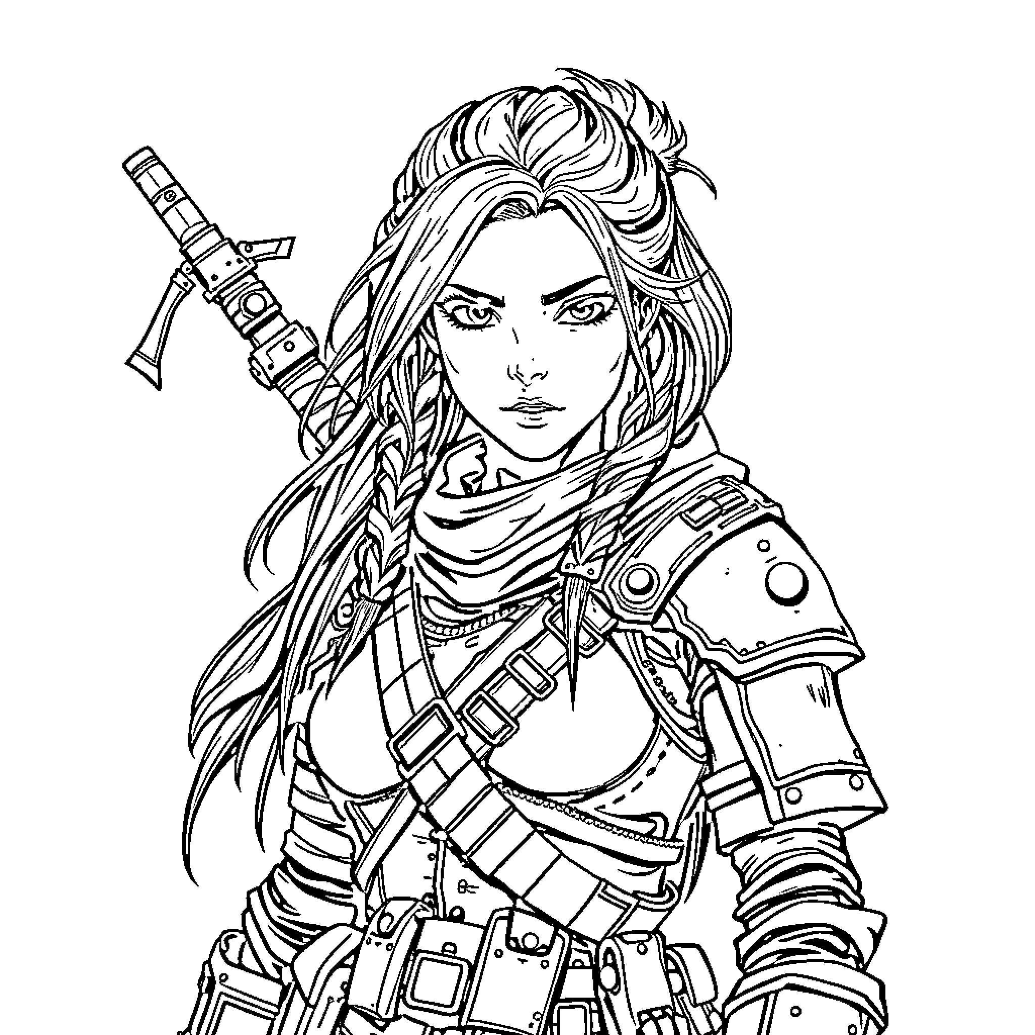 Princess in Futuristic Warrior Attire Coloring Page (free black-and-white line drawing printable PDF for all, from beginners to advanced learners, including children, teens, adults, and seniors)
