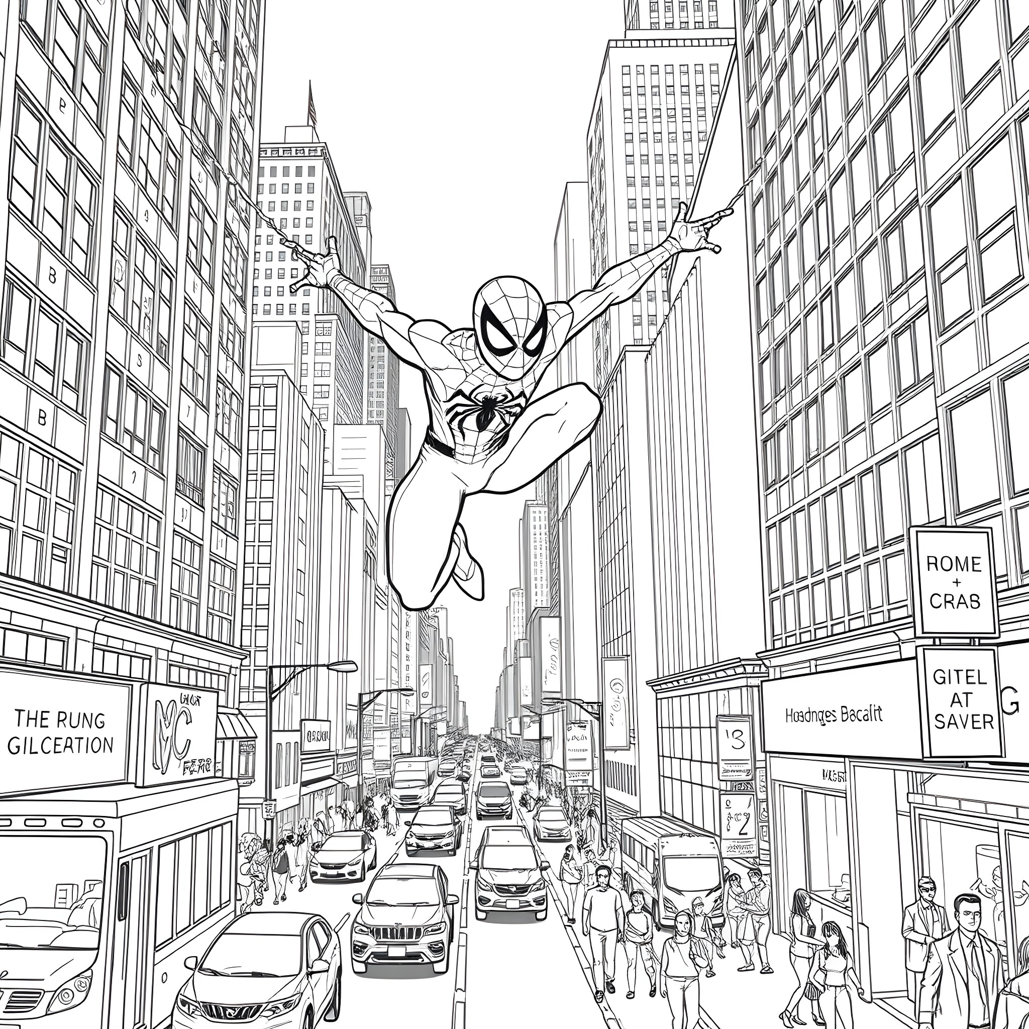 Spider-Man swinging through the bustling city Coloring Page (free black-and-white line drawing printable PDF for all, from beginners to advanced learners, including children, teens, adults, and seniors)