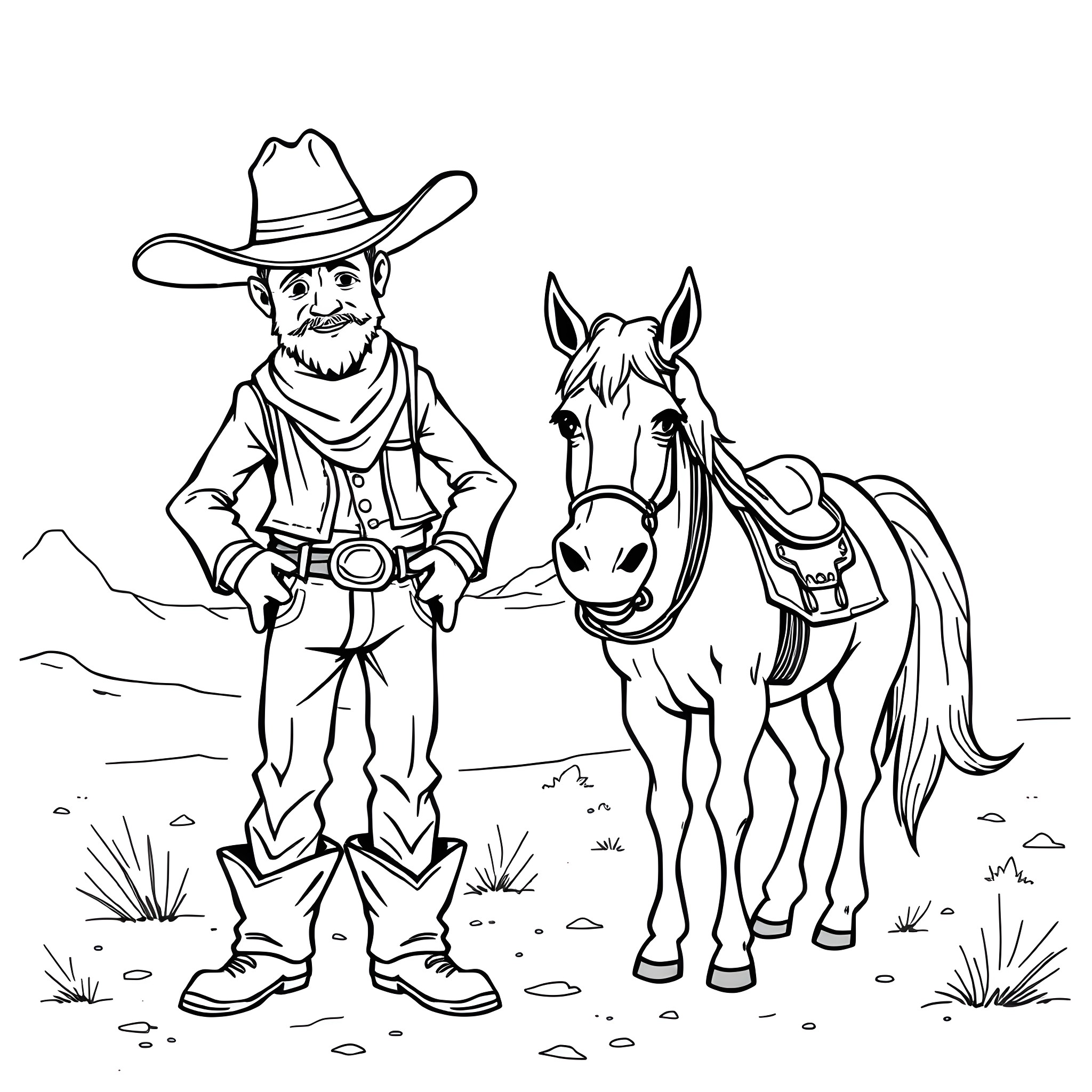 Cowboy and his loyal horse in the desert landscape Coloring Page (free black-and-white line drawing printable PDF for all, from beginners to advanced learners, including children, teens, adults, and seniors)
