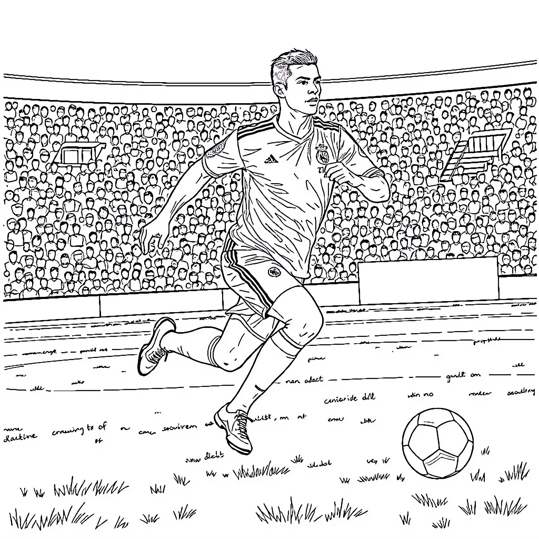 Cristiano Ronaldo playing football on the field Coloring Page (free black-and-white line drawing printable PDF for all, from beginners to advanced learners, including children, teens, adults, and seniors)