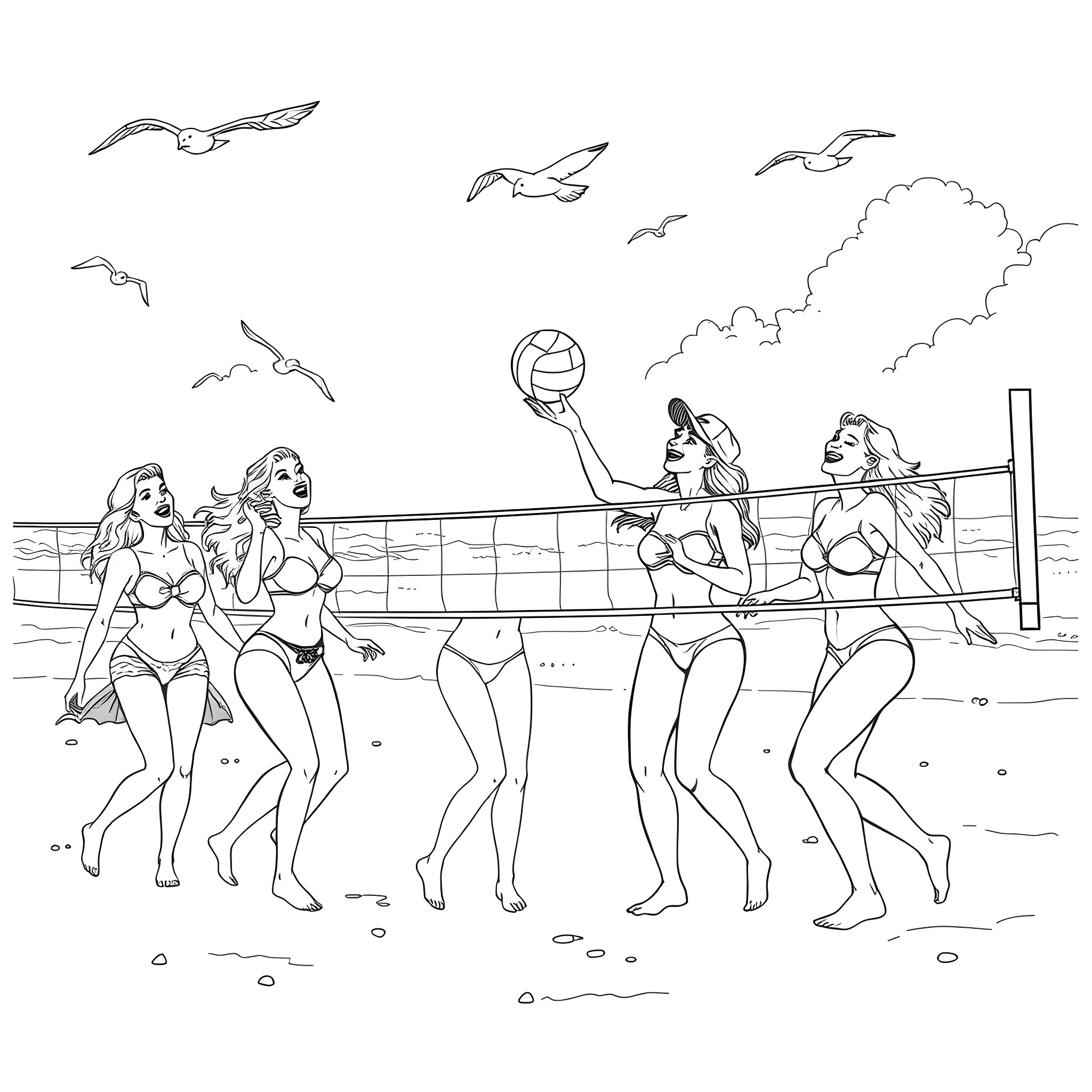 Women playing volleyball on the beach Coloring Page (free black-and-white line drawing printable PDF for all, from beginners to advanced learners, including children, teens, adults, and seniors)
