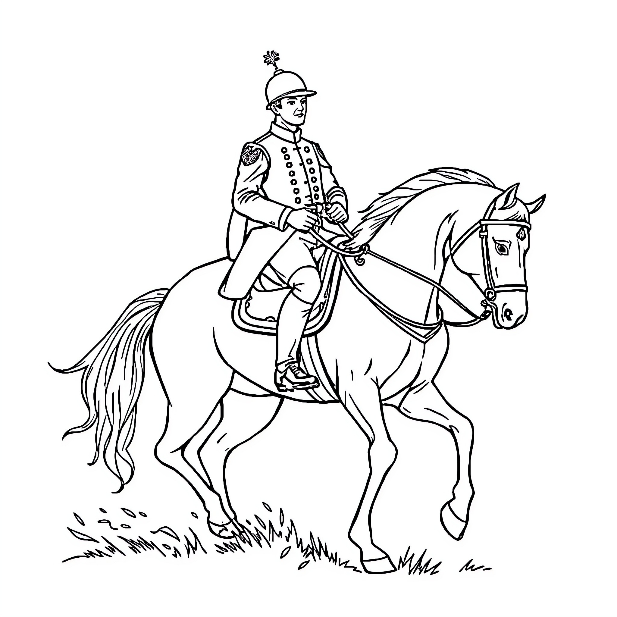 Horse-drawn soldier in traditional uniform Coloring Page (free black-and-white line drawing printable PDF for all, from beginners to advanced learners, including children, teens, adults, and seniors)