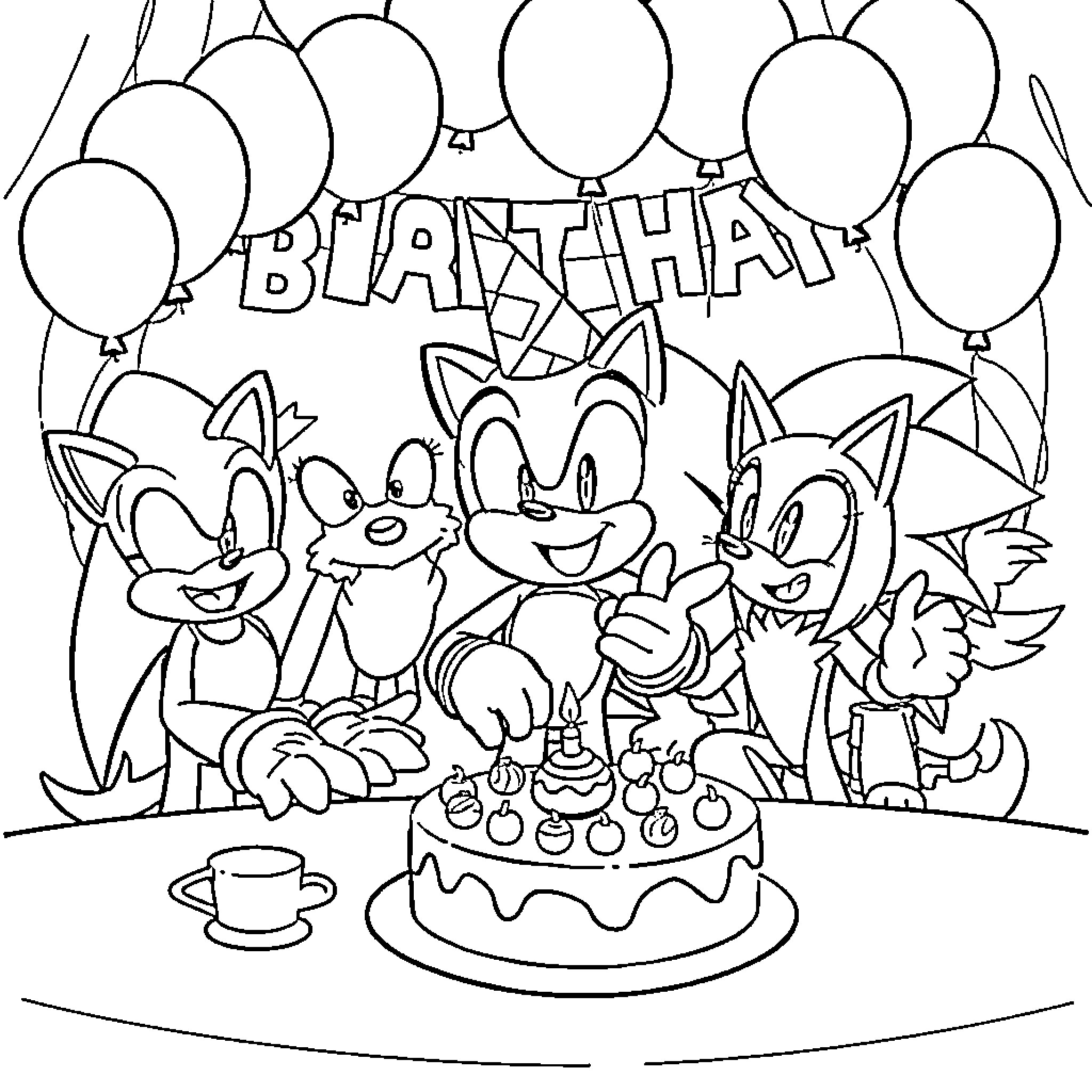 Sonic characters celebrating a birthday party Coloring Page (free black-and-white line drawing printable PDF for all, from beginners to advanced learners, including children, teens, adults, and seniors)
