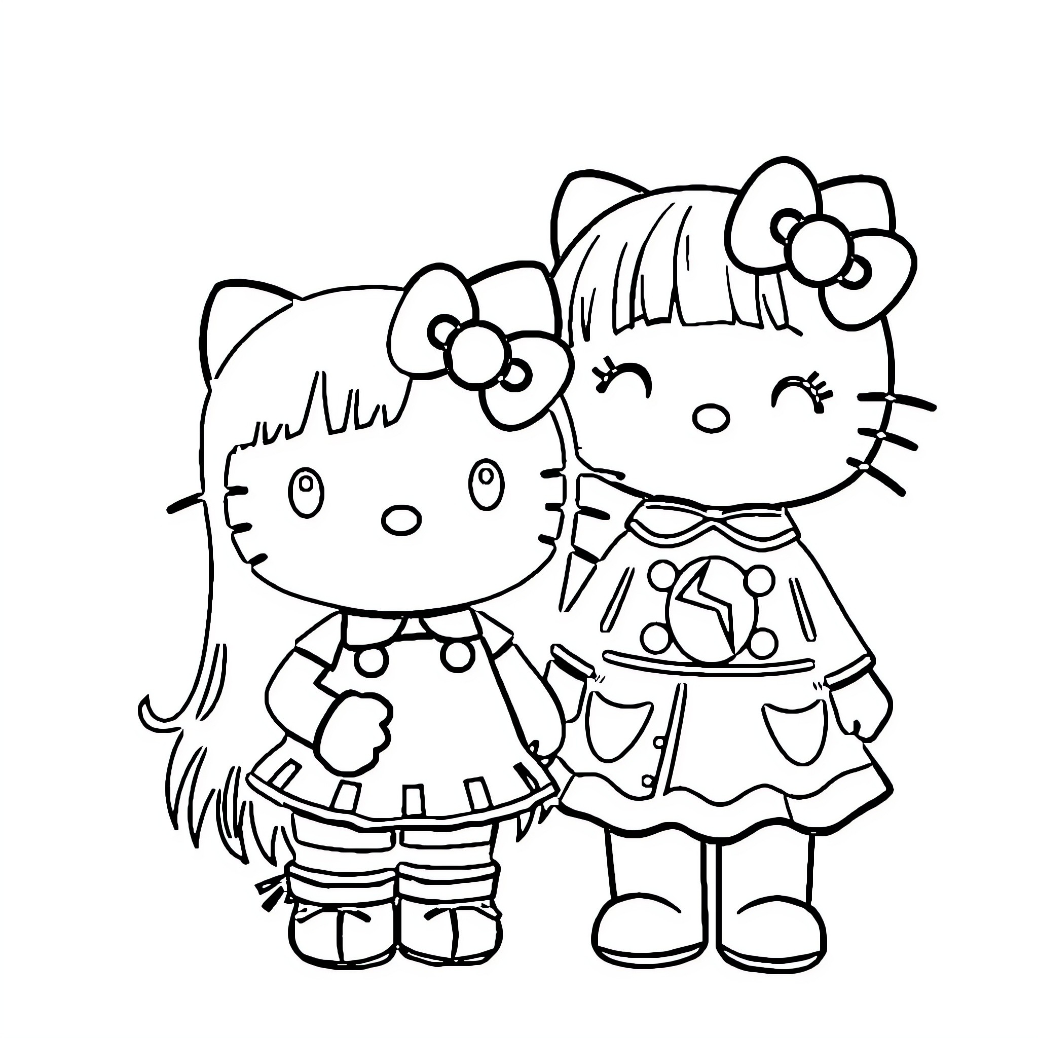 Hello Kitty sisters playing together Coloring Page (free black-and-white line drawing printable PDF for all, from beginners to advanced learners, including children, teens, adults, and seniors)