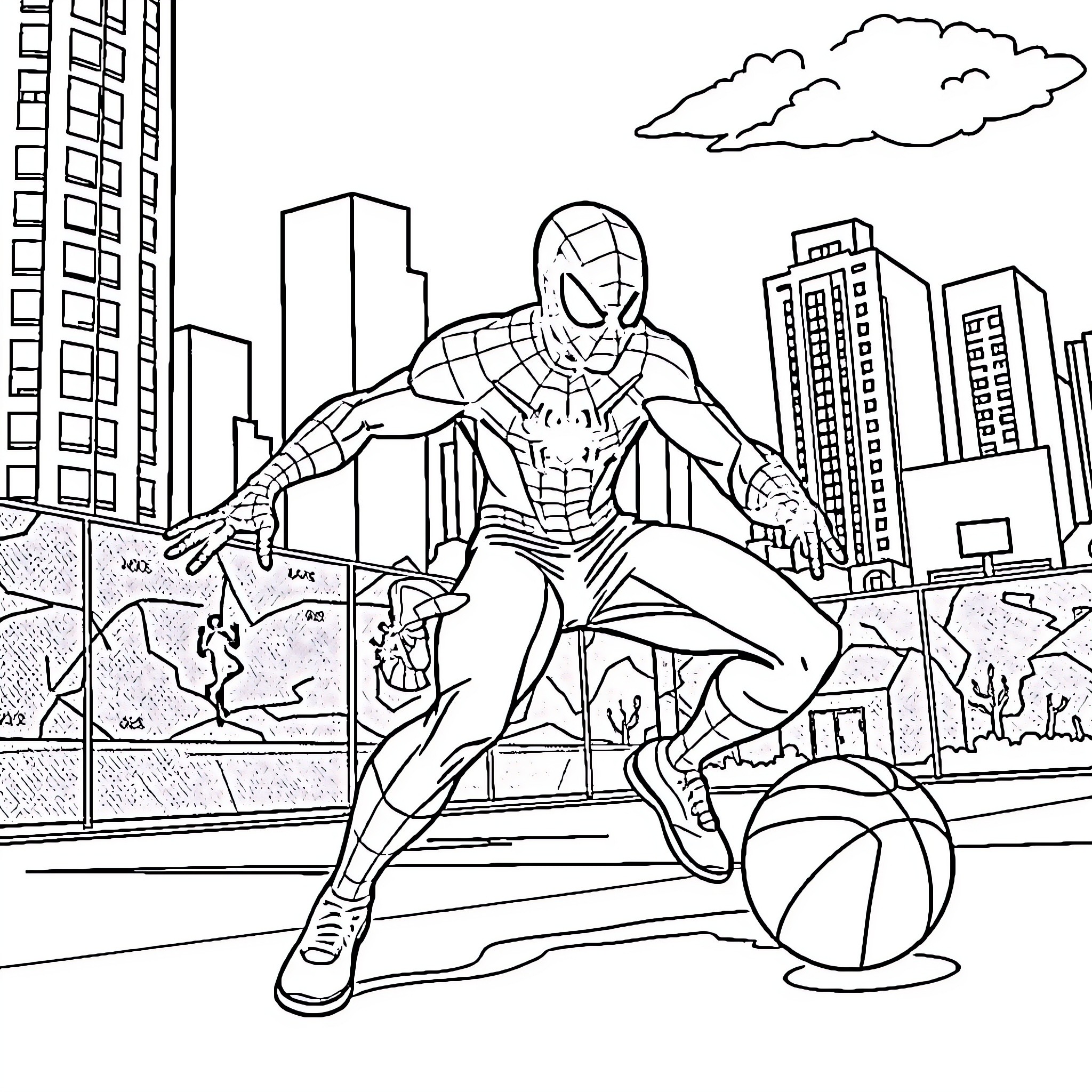 Spiderman swinging through the city on a web Coloring Page (free black-and-white line drawing printable PDF for all, from beginners to advanced learners, including children, teens, adults, and seniors)