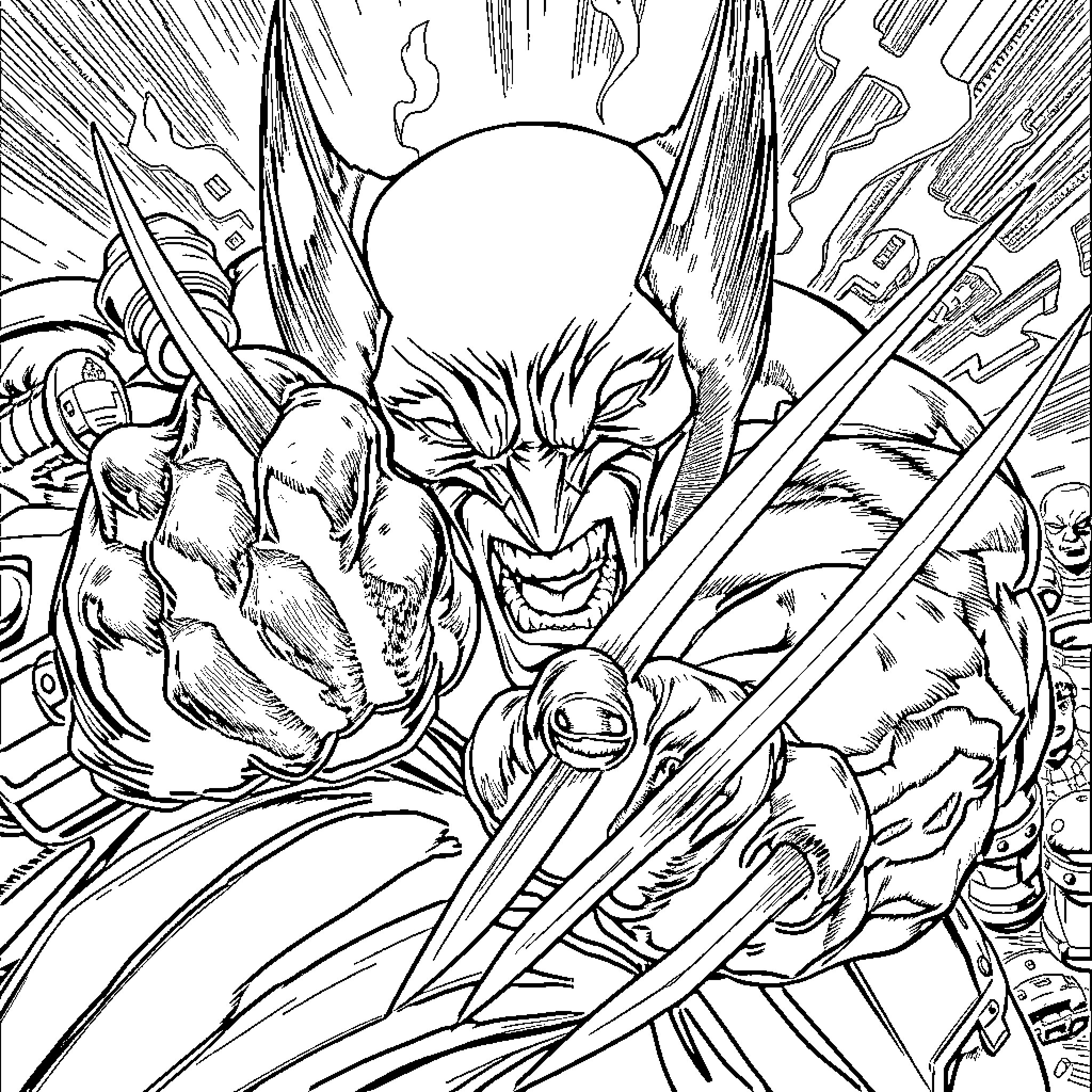 Wolverine's Ferocious Charge into Action Coloring Page (free black-and-white line drawing printable PDF for all, from beginners to advanced learners, including children, teens, adults, and seniors)