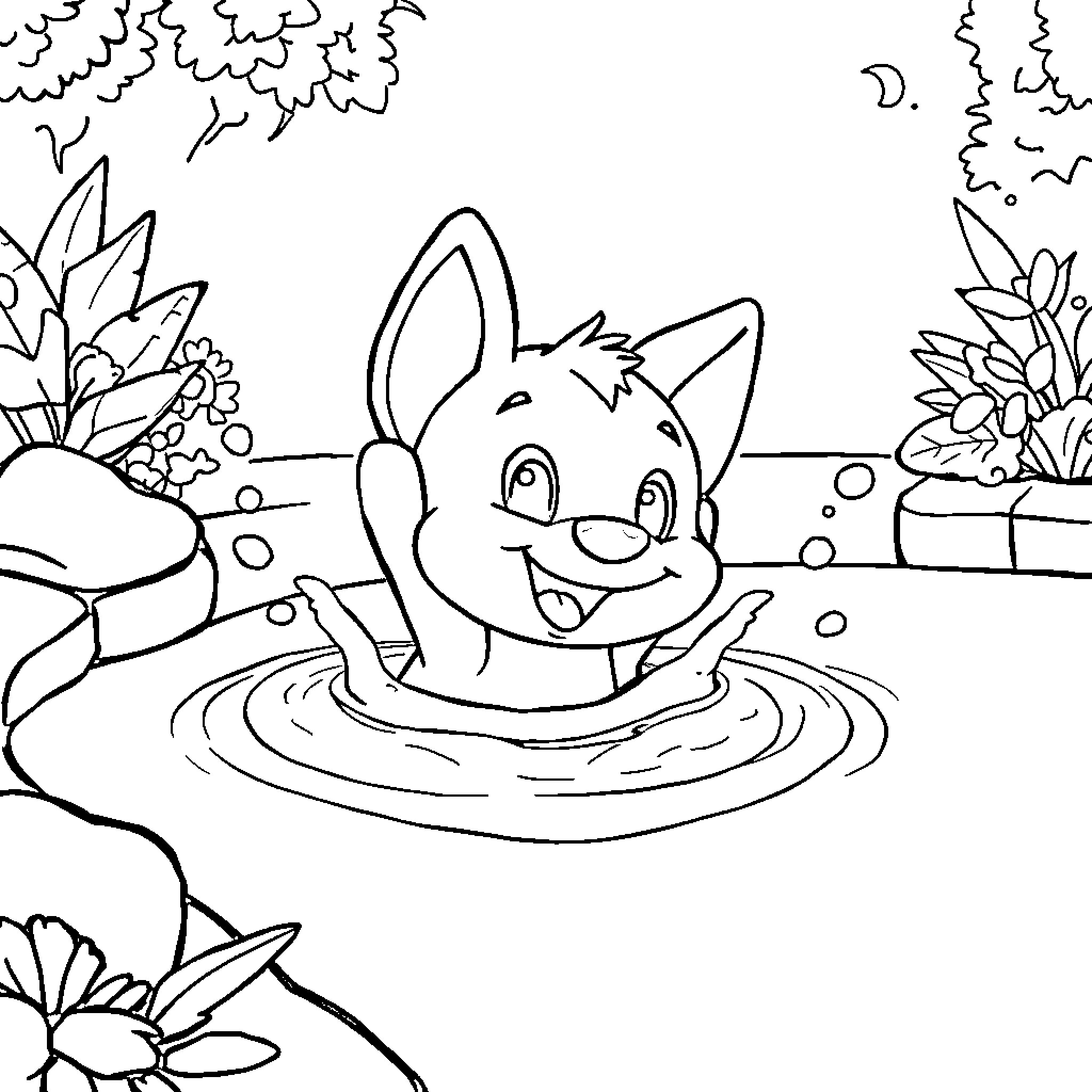 Bluey enjoying a playful bath in nature Coloring Page (free black-and-white line drawing printable PDF for all, from beginners to advanced learners, including children, teens, adults, and seniors)