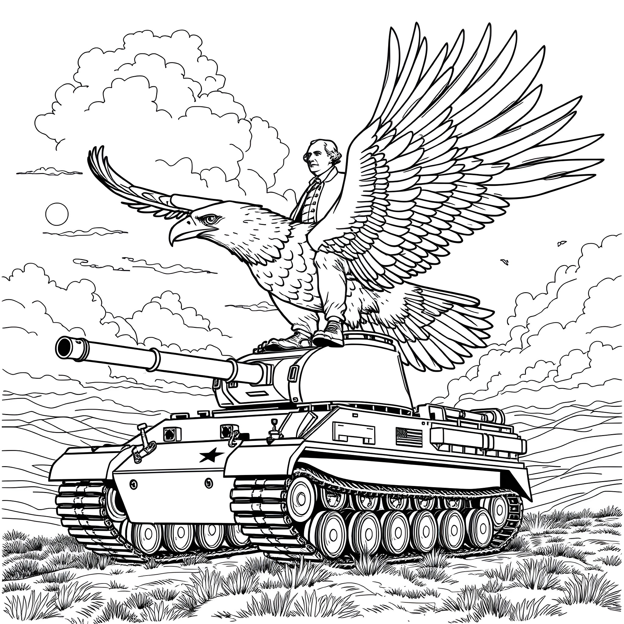 George Washington Riding a Majestic Eagle Tank Coloring Page (free black-and-white line drawing printable PDF for all, from beginners to advanced learners, including children, teens, adults, and seniors)