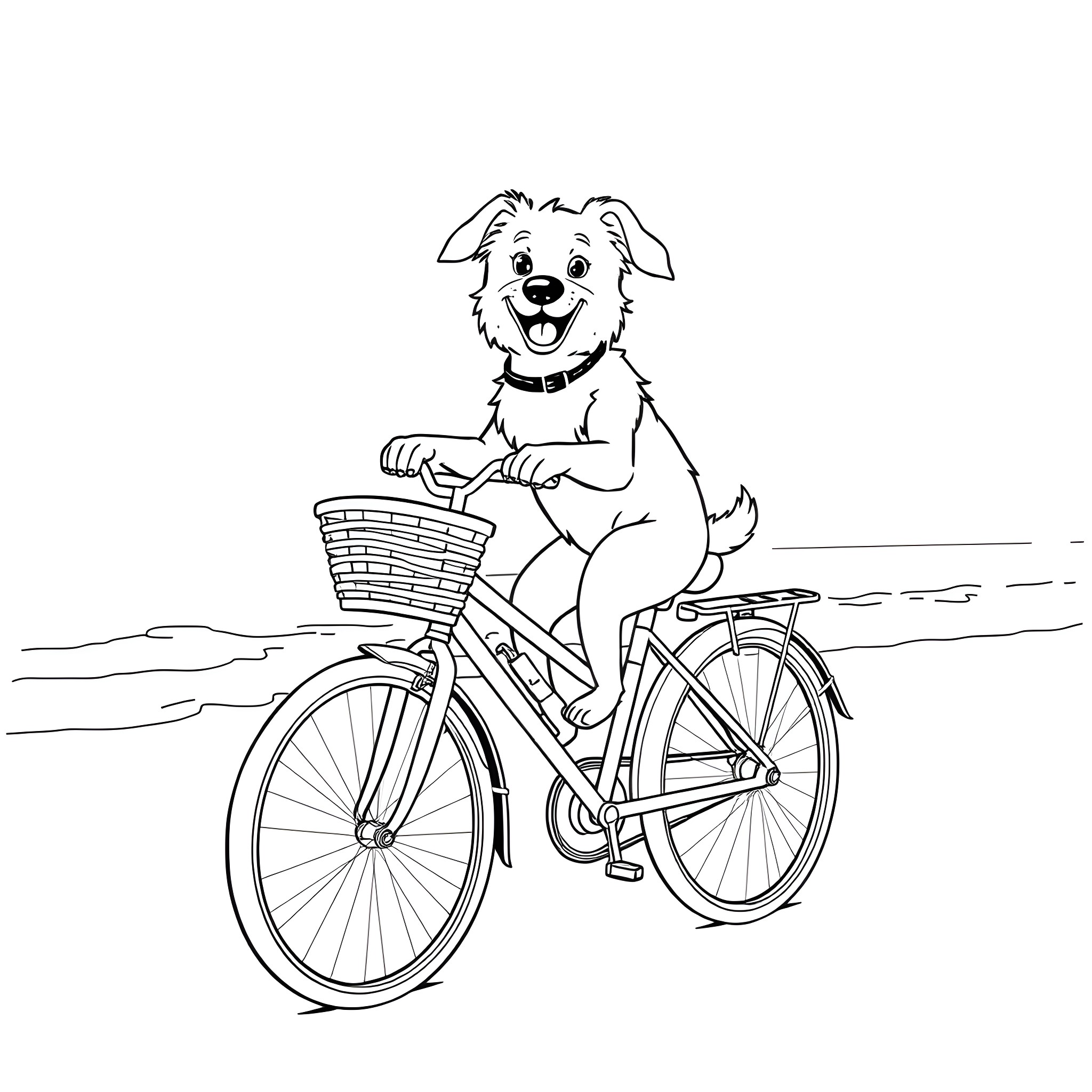 Dog riding a bicycle happily Coloring Page (free black-and-white line drawing printable PDF for all, from beginners to advanced learners, including children, teens, adults, and seniors)