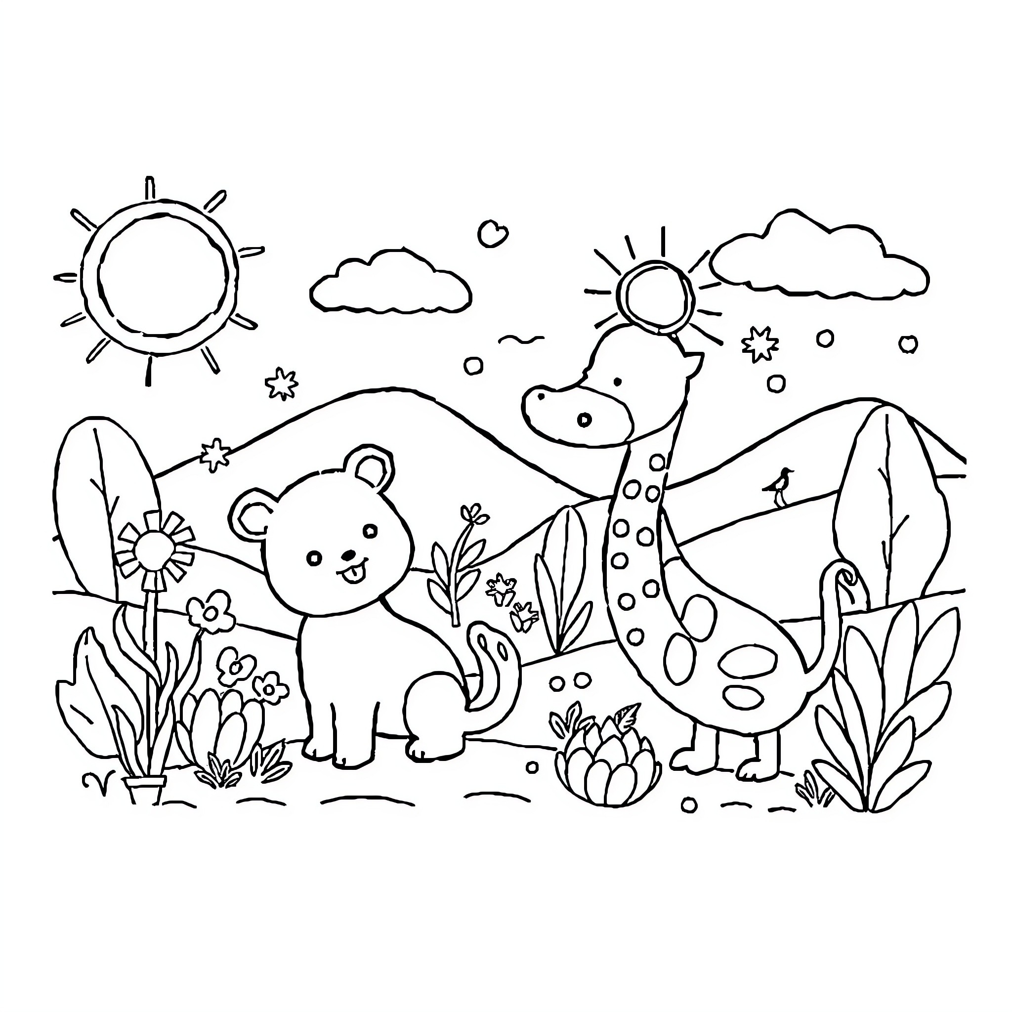 Children's Playful Nature in Nature Coloring Page (free black-and-white line drawing printable PDF for all, from beginners to advanced learners, including children, teens, adults, and seniors)
