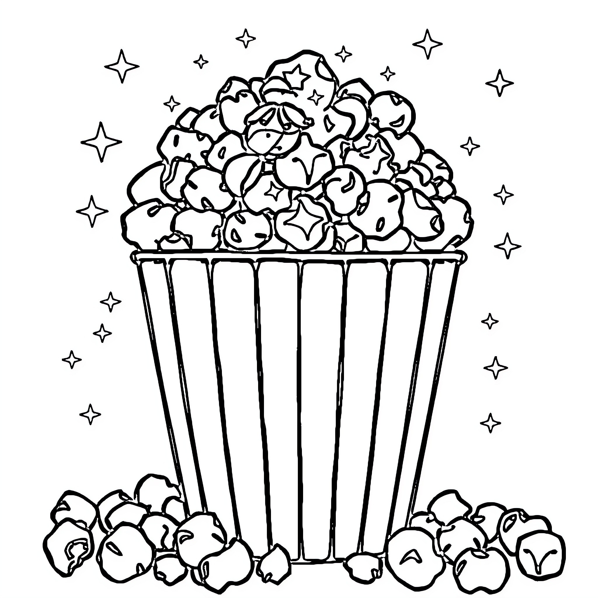 Unicorn Popcorn Explosion with Starry Delight Coloring Page (free black-and-white line drawing printable PDF for all, from beginners to advanced learners, including children, teens, adults, and seniors)