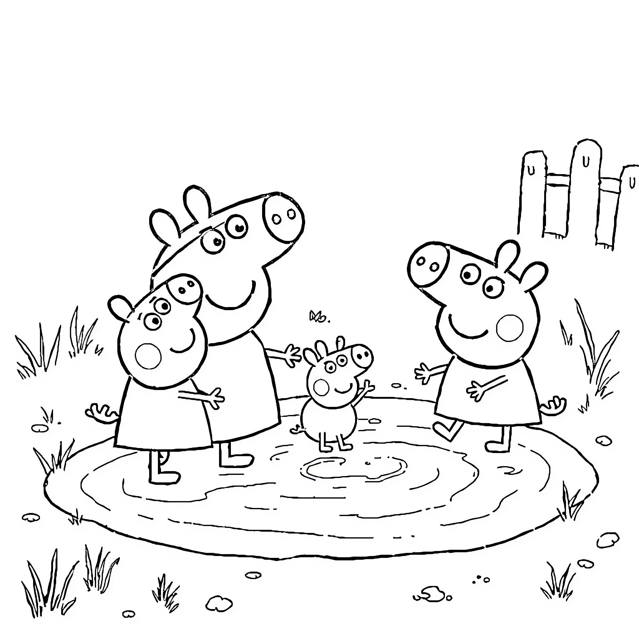 Peppa Pig and friends playing in the mud Coloring Page (free black-and-white line drawing printable PDF for all, from beginners to advanced learners, including children, teens, adults, and seniors)