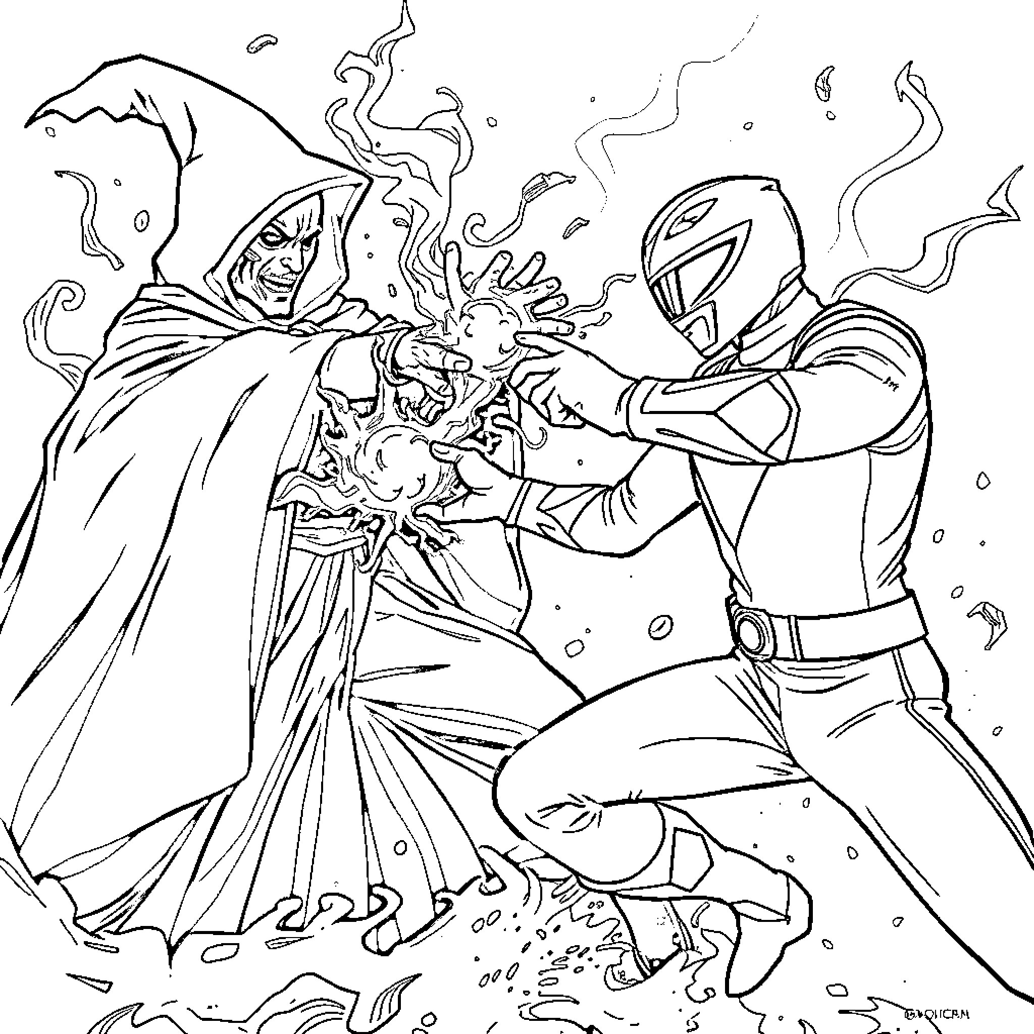 Power Ranger heroes battling evil dark force Coloring Page (free black-and-white line drawing printable PDF for all, from beginners to advanced learners, including children, teens, adults, and seniors)