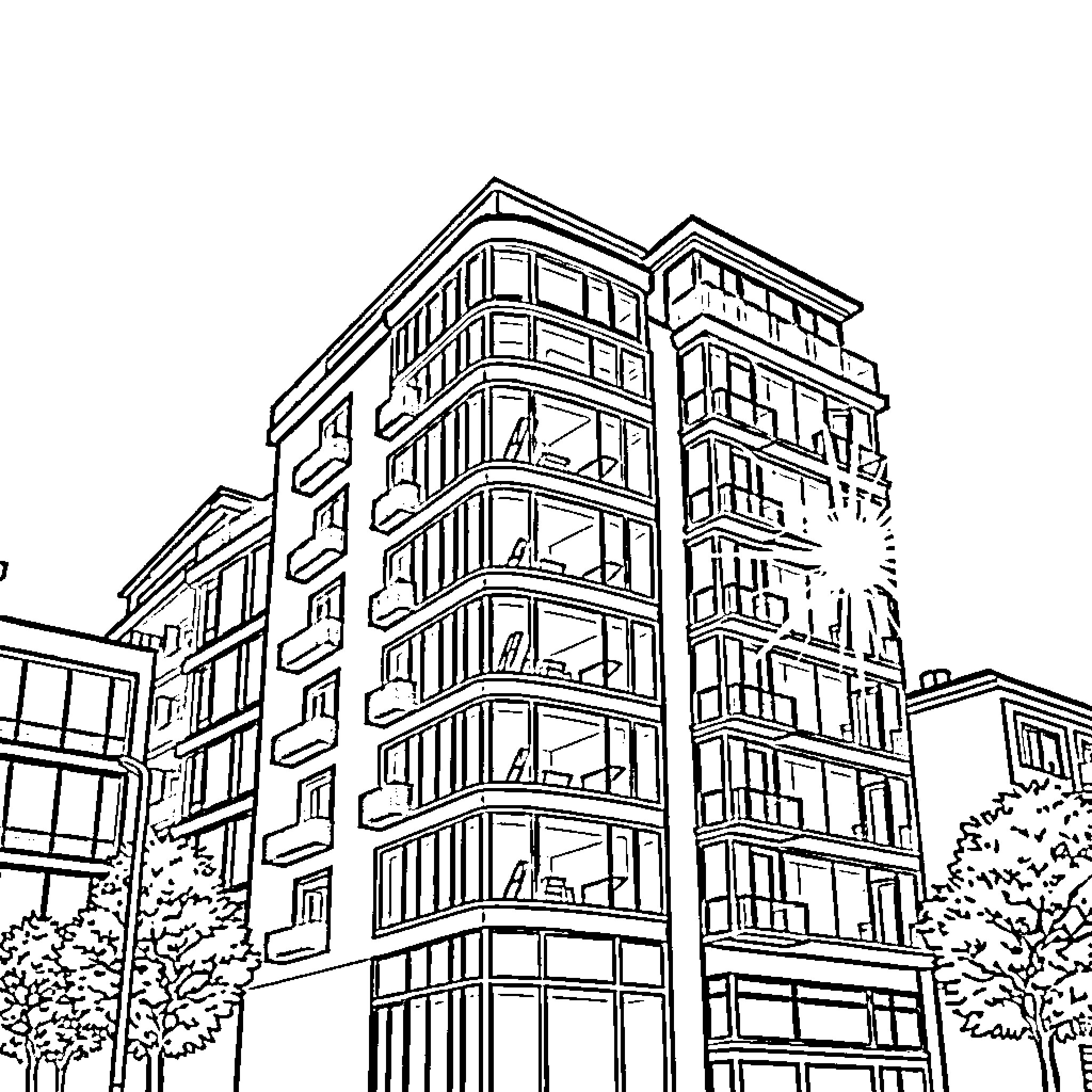 Building with modern architectural design Coloring Page (free black-and-white line drawing printable PDF for all, from beginners to advanced learners, including children, teens, adults, and seniors)