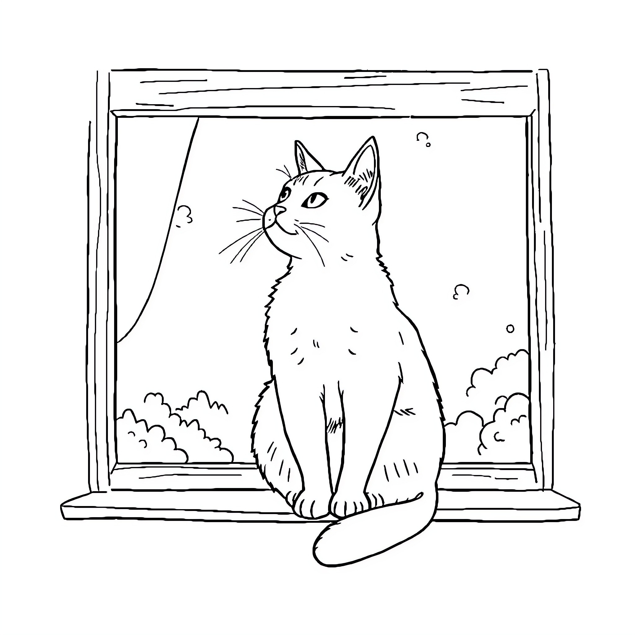 Cat gazing out the window at nature Coloring Page (free black-and-white line drawing printable PDF for all, from beginners to advanced learners, including children, teens, adults, and seniors)