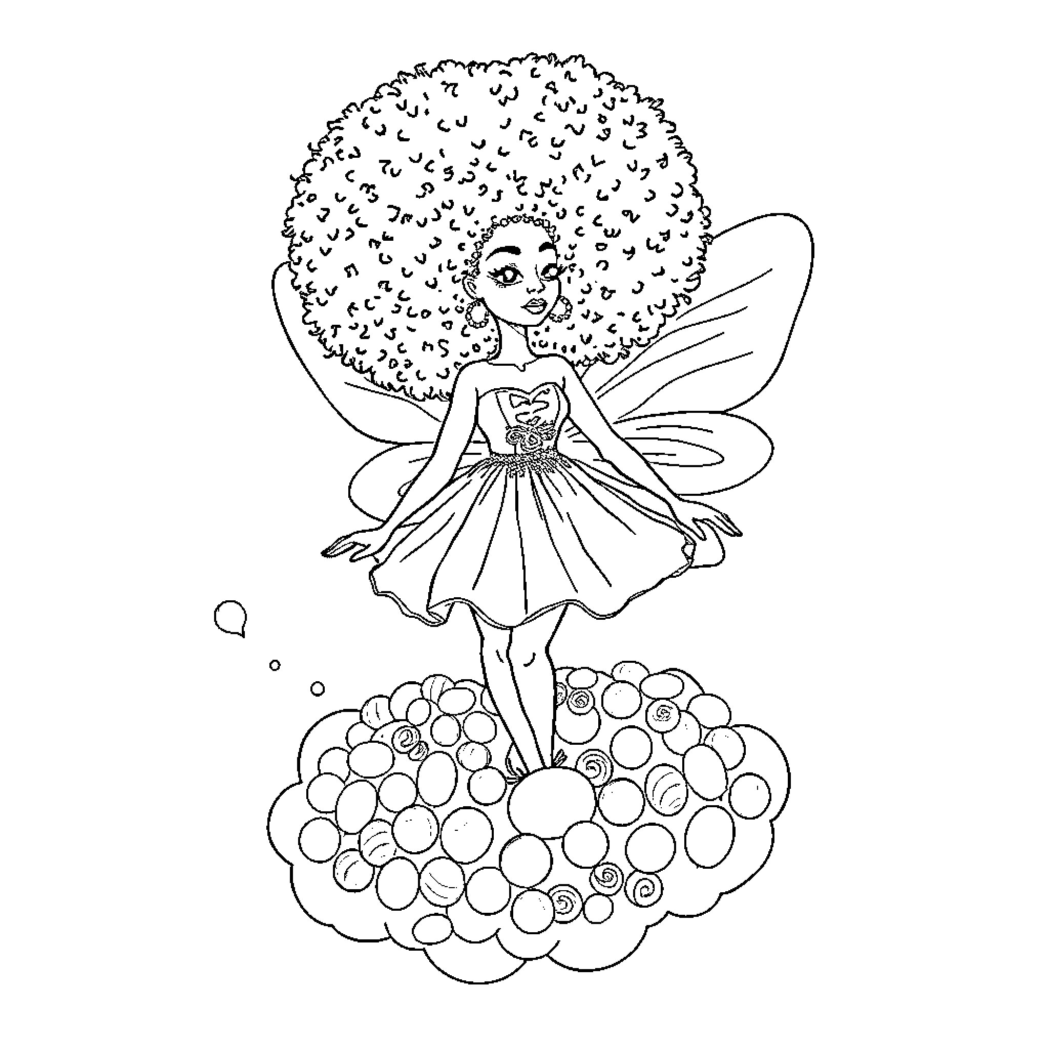 Fairy Dancing on Fluffy Clouds Coloring Page (free black-and-white line drawing printable PDF for all, from beginners to advanced learners, including children, teens, adults, and seniors)