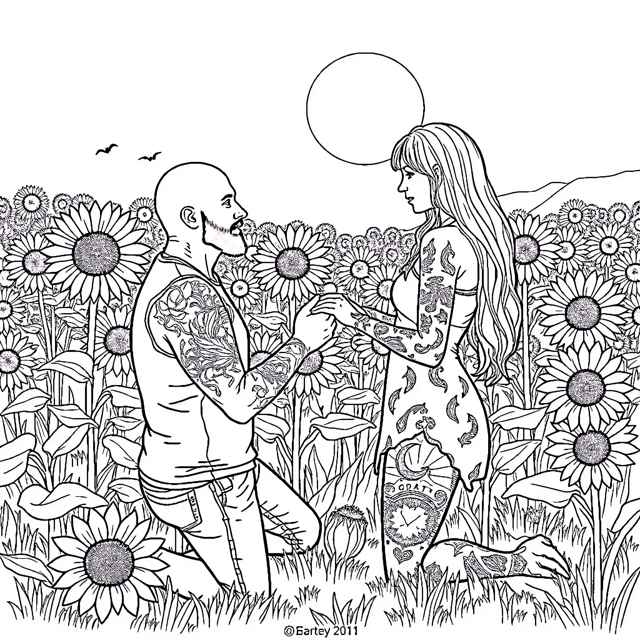 Proposal in a Sunflower Field Coloring Page (free black-and-white line drawing printable PDF for all, from beginners to advanced learners, including children, teens, adults, and seniors)