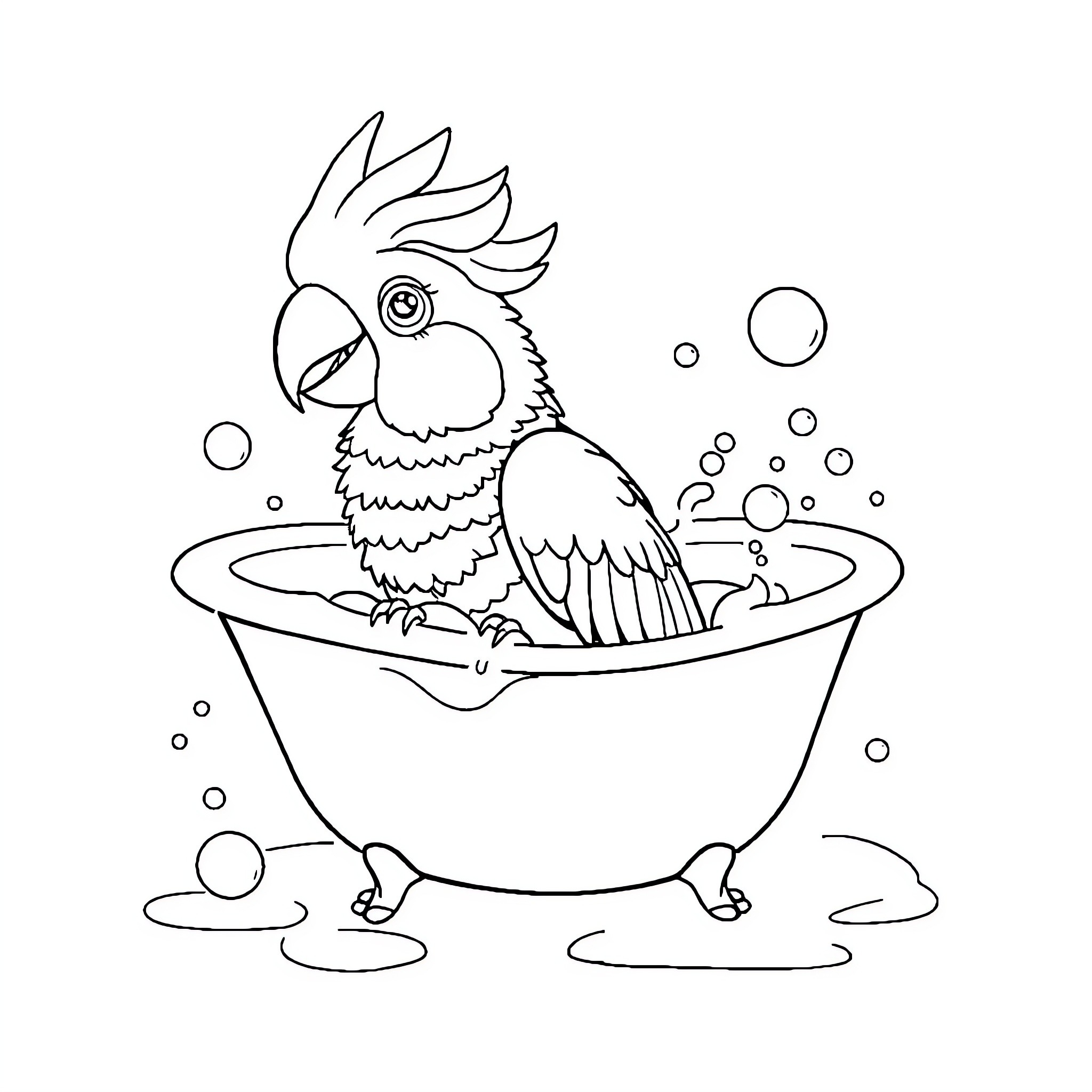 Cockatoo enjoying a relaxing bath Coloring Page (free black-and-white line drawing printable PDF for all, from beginners to advanced learners, including children, teens, adults, and seniors)