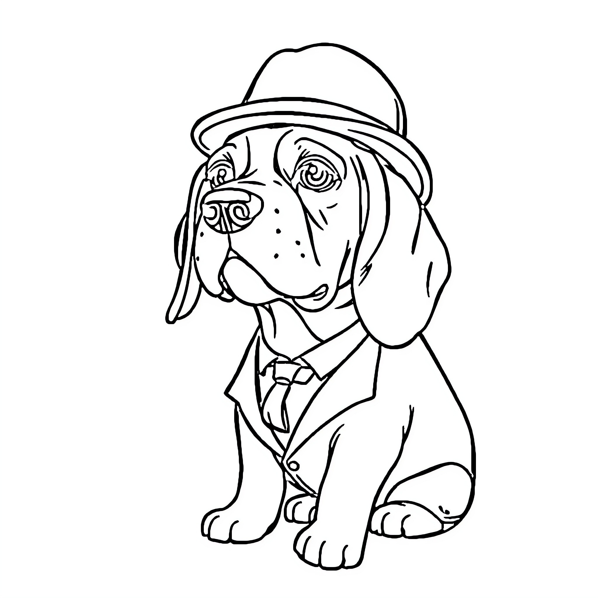 Beagle dressed in a suit and hat Coloring Page (free black-and-white line drawing printable PDF for all, from beginners to advanced learners, including children, teens, adults, and seniors)