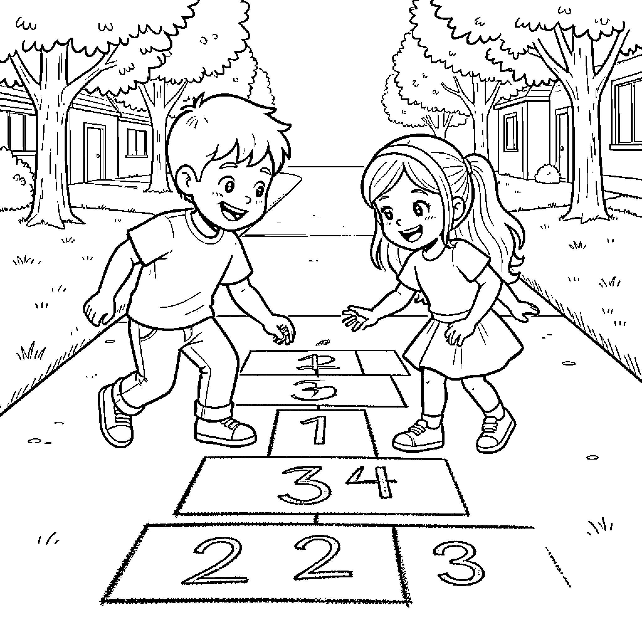 Child playing hopscotch on a sidewalk with a friend Coloring Page (free black-and-white line drawing printable PDF for all, from beginners to advanced learners, including children, teens, adults, and seniors)