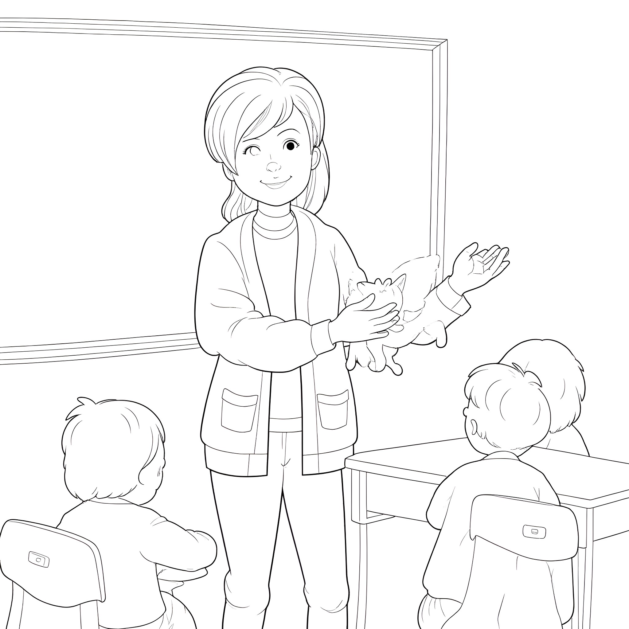 Teacher guiding students in classroom Coloring Page (free black-and-white line drawing printable PDF for all, from beginners to advanced learners, including children, teens, adults, and seniors)