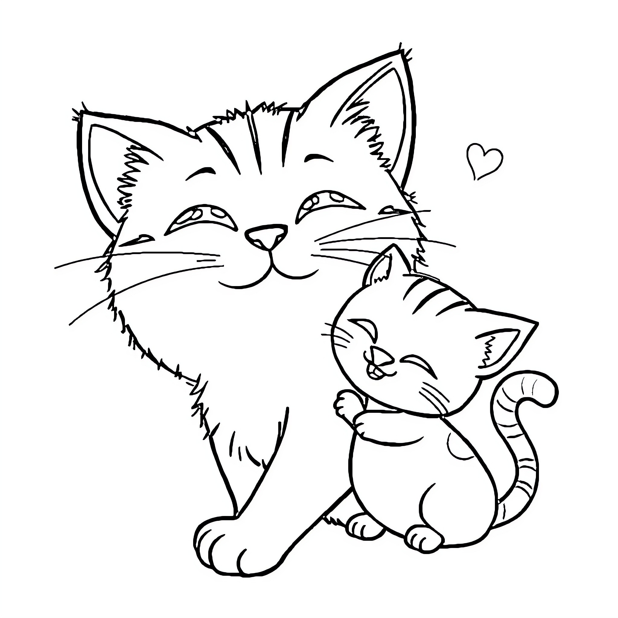Cat and Kitten Cuddling Affectionately Coloring Page (free black-and-white line drawing printable PDF for all, from beginners to advanced learners, including children, teens, adults, and seniors)