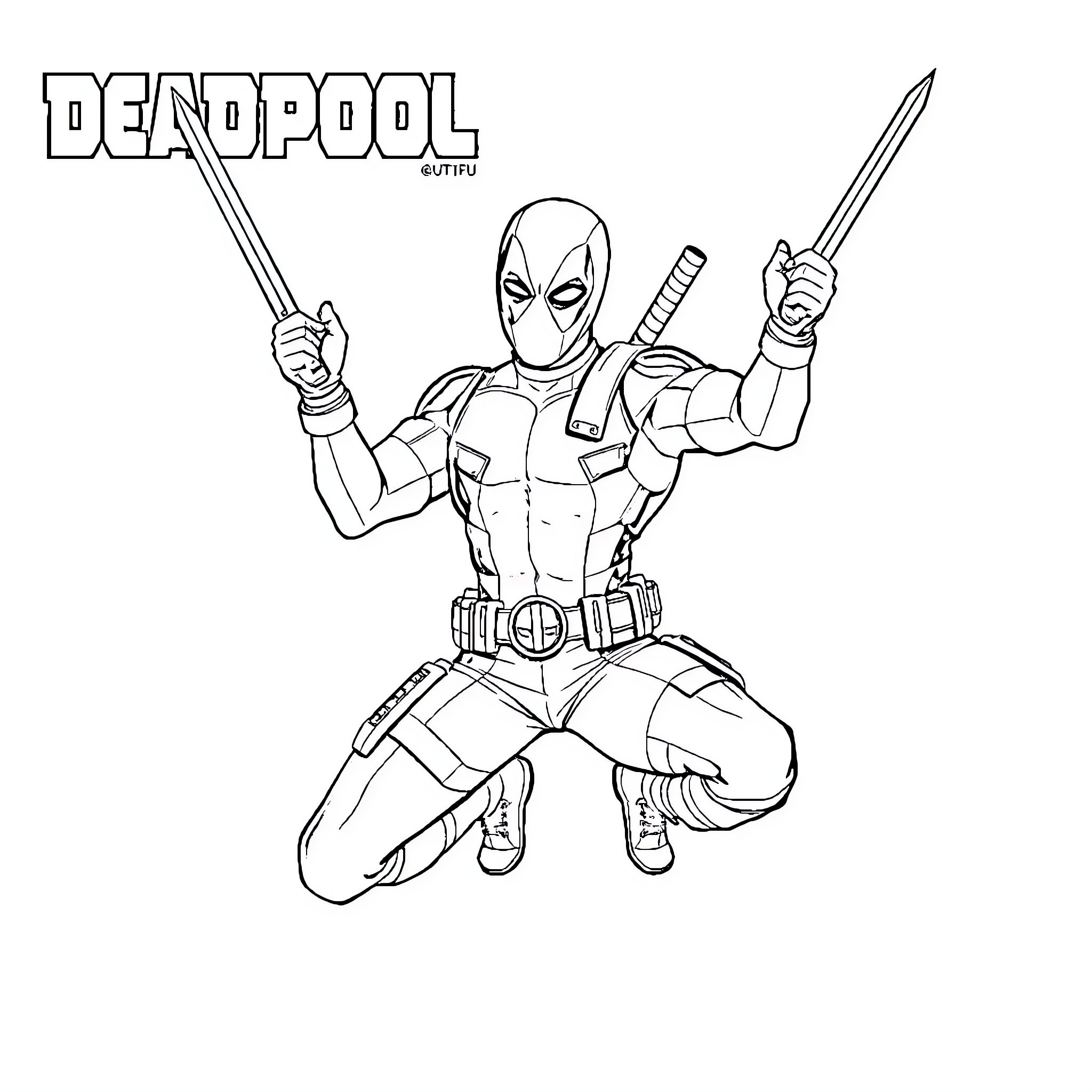 Deadpool wielding swords in combat stance Coloring Page (free black-and-white line drawing printable PDF for all, from beginners to advanced learners, including children, teens, adults, and seniors)