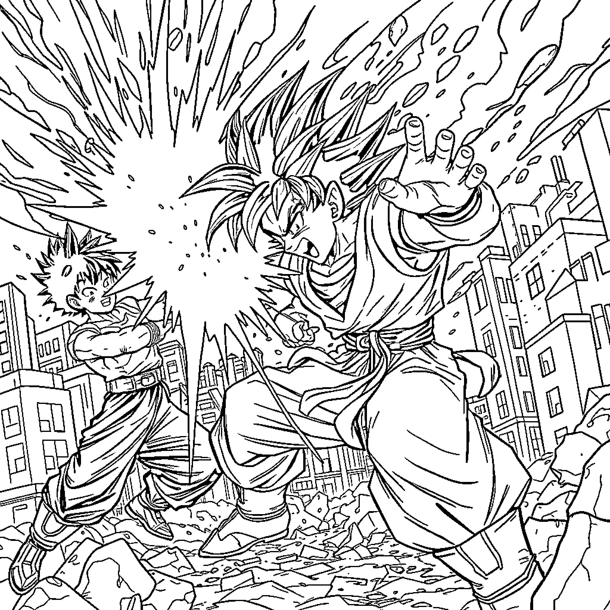 Goku's Powerful Clash in the City Coloring Page (free black-and-white line drawing printable PDF for all, from beginners to advanced learners, including children, teens, adults, and seniors)