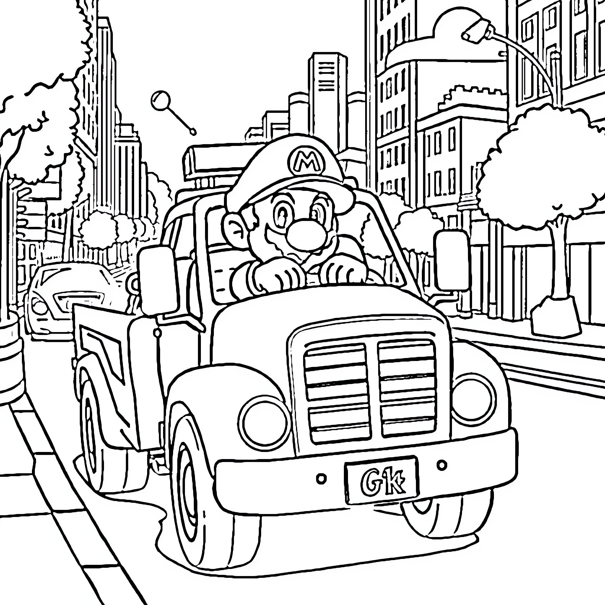 Mario driving a truck through the city Coloring Page (free black-and-white line drawing printable PDF for all, from beginners to advanced learners, including children, teens, adults, and seniors)