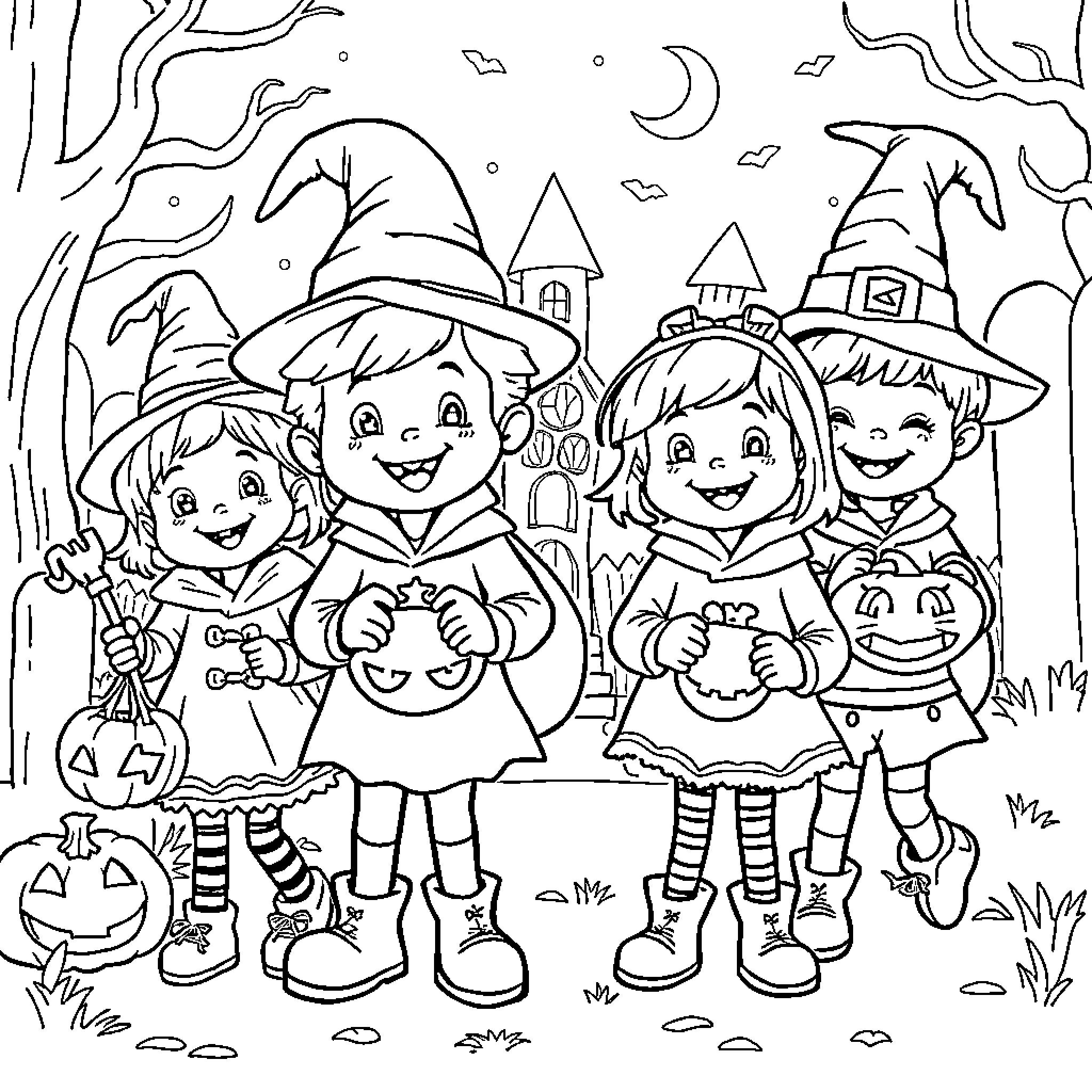 Kids Halloween Costumes and Trick-or-Treating Coloring Page (free black-and-white line drawing printable PDF for all, from beginners to advanced learners, including children, teens, adults, and seniors)