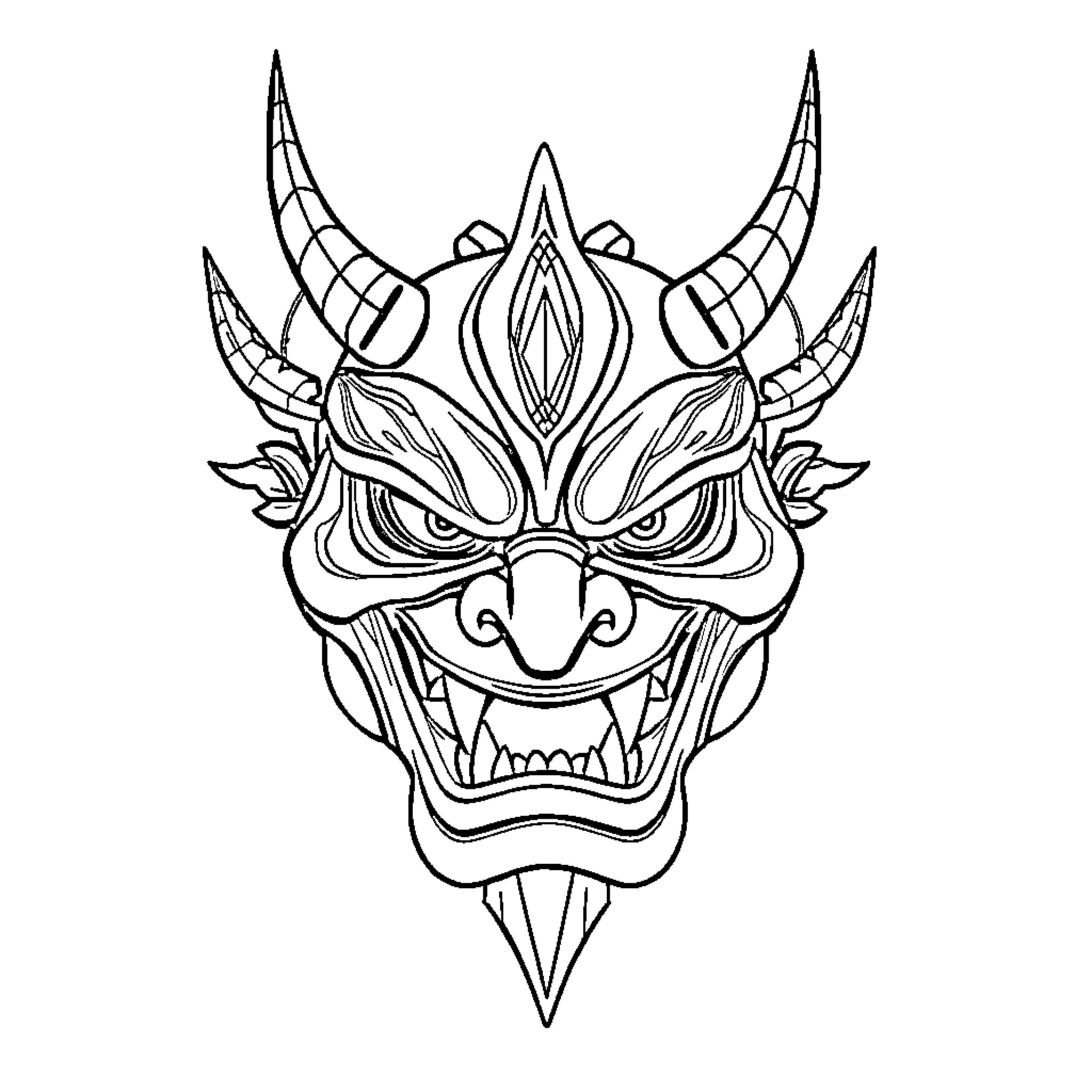 Hannya mask with intricate design and fierce expression Coloring Page (free black-and-white line drawing printable PDF for all, from beginners to advanced learners, including children, teens, adults, and seniors)