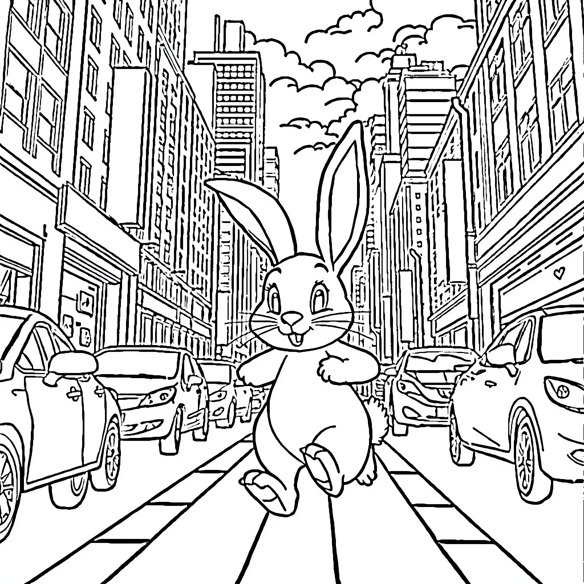 Rabbit exploring the bustling city streets Coloring Page (free black-and-white line drawing printable PDF for all, from beginners to advanced learners, including children, teens, adults, and seniors)