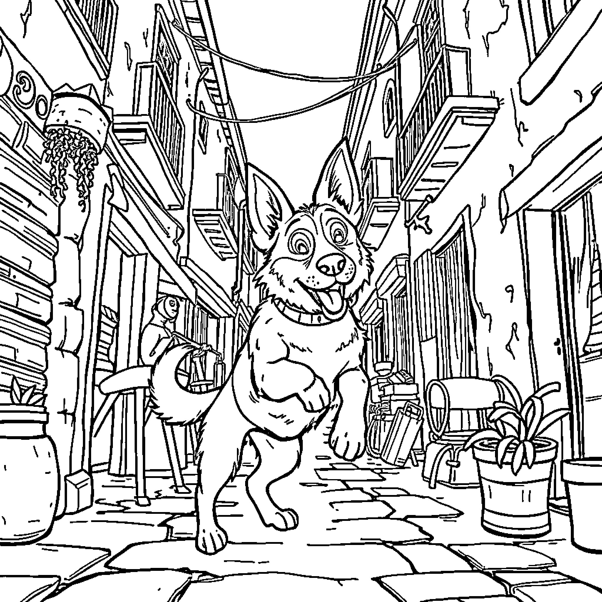 Paw Patrol pup explores an urban alley Coloring Page (free black-and-white line drawing printable PDF for all, from beginners to advanced learners, including children, teens, adults, and seniors)
