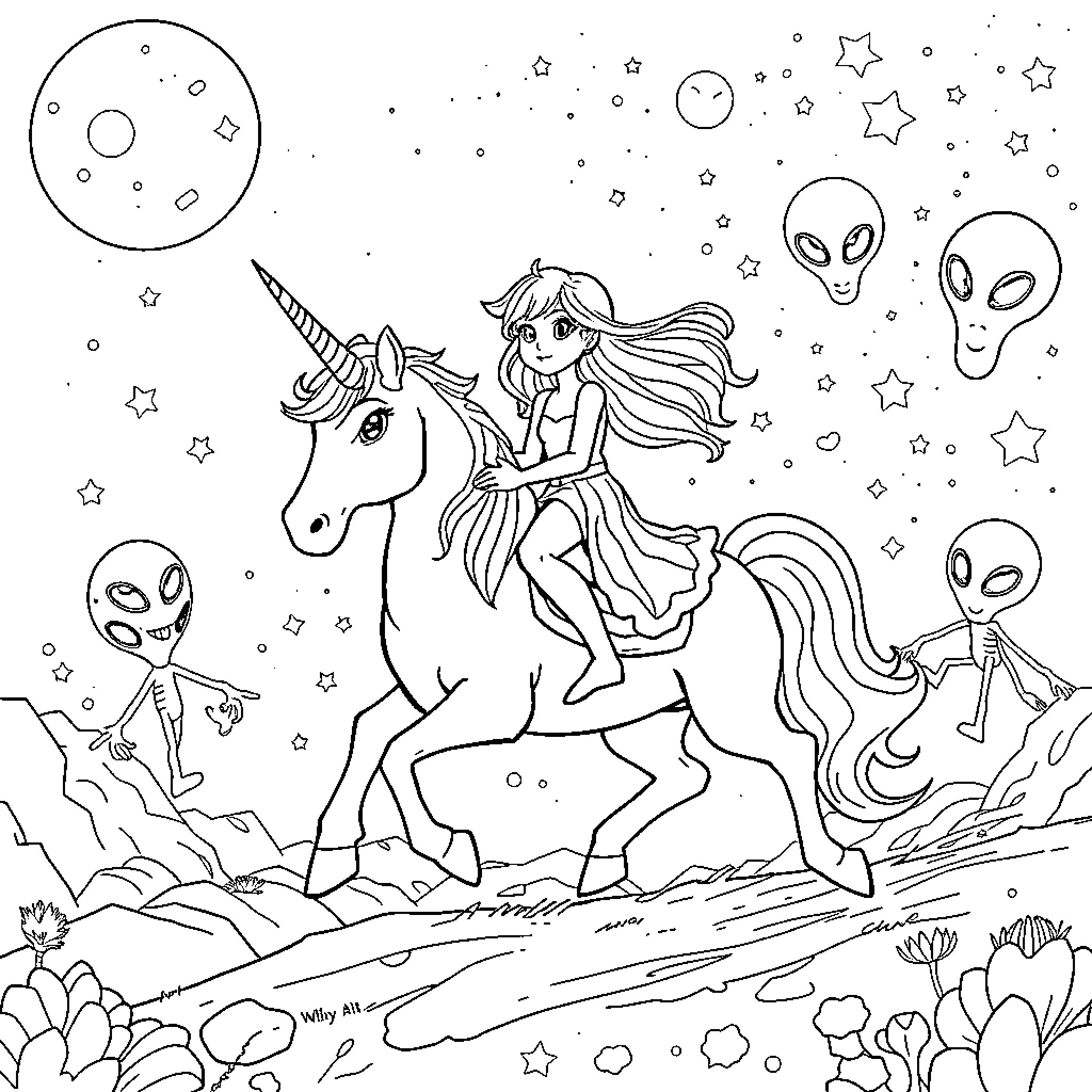 Else Riding Unicorn Amidst Alien Encounter Coloring Page (free black-and-white line drawing printable PDF for all, from beginners to advanced learners, including children, teens, adults, and seniors)