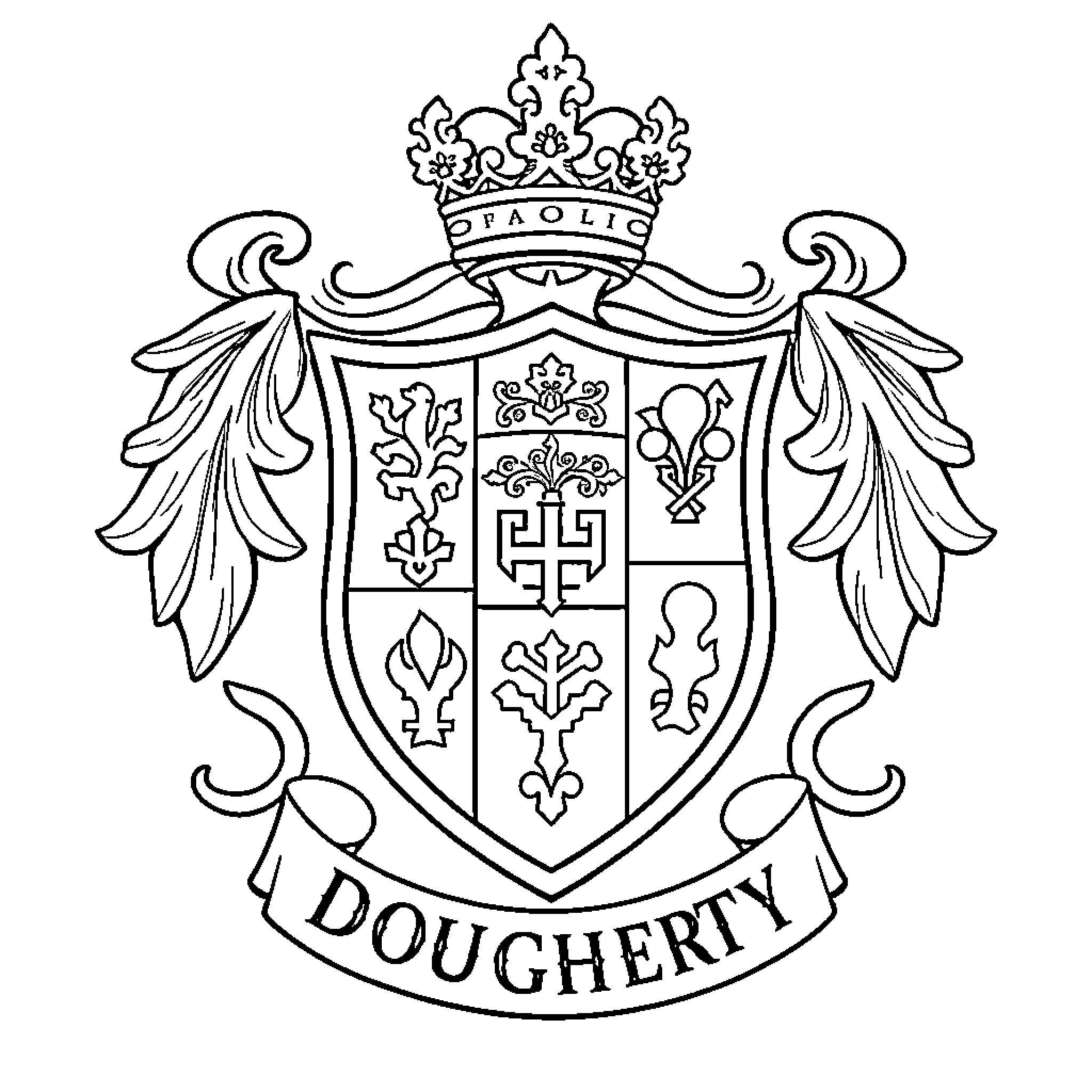 Crest with Heraldic Symbols and Crown Coloring Page (free black-and-white line drawing printable PDF for all, from beginners to advanced learners, including children, teens, adults, and seniors)