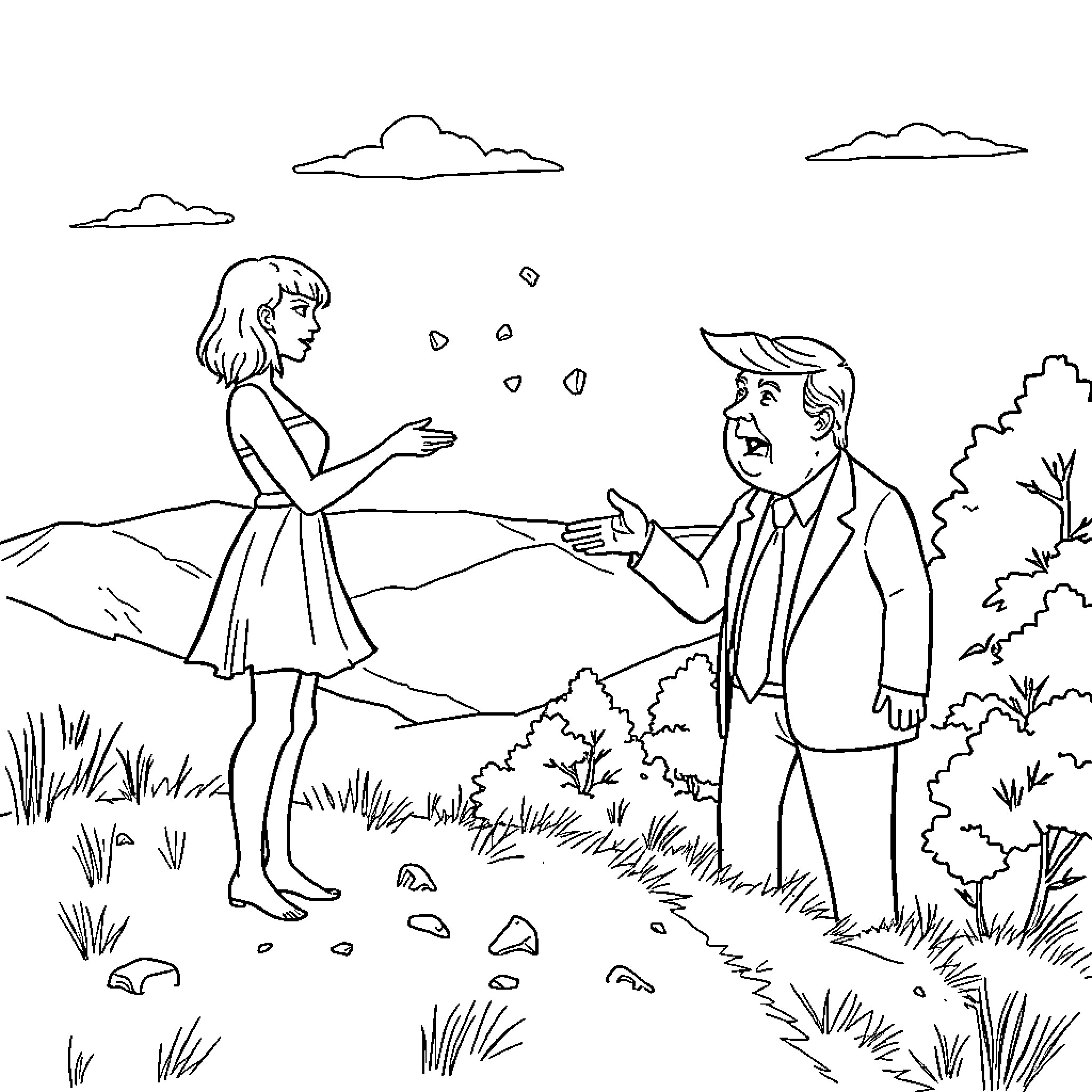 Taylor Swift and a man engaged in conversation in a natural setting Coloring Page (free black-and-white line drawing printable PDF for all, from beginners to advanced learners, including children, teens, adults, and seniors)