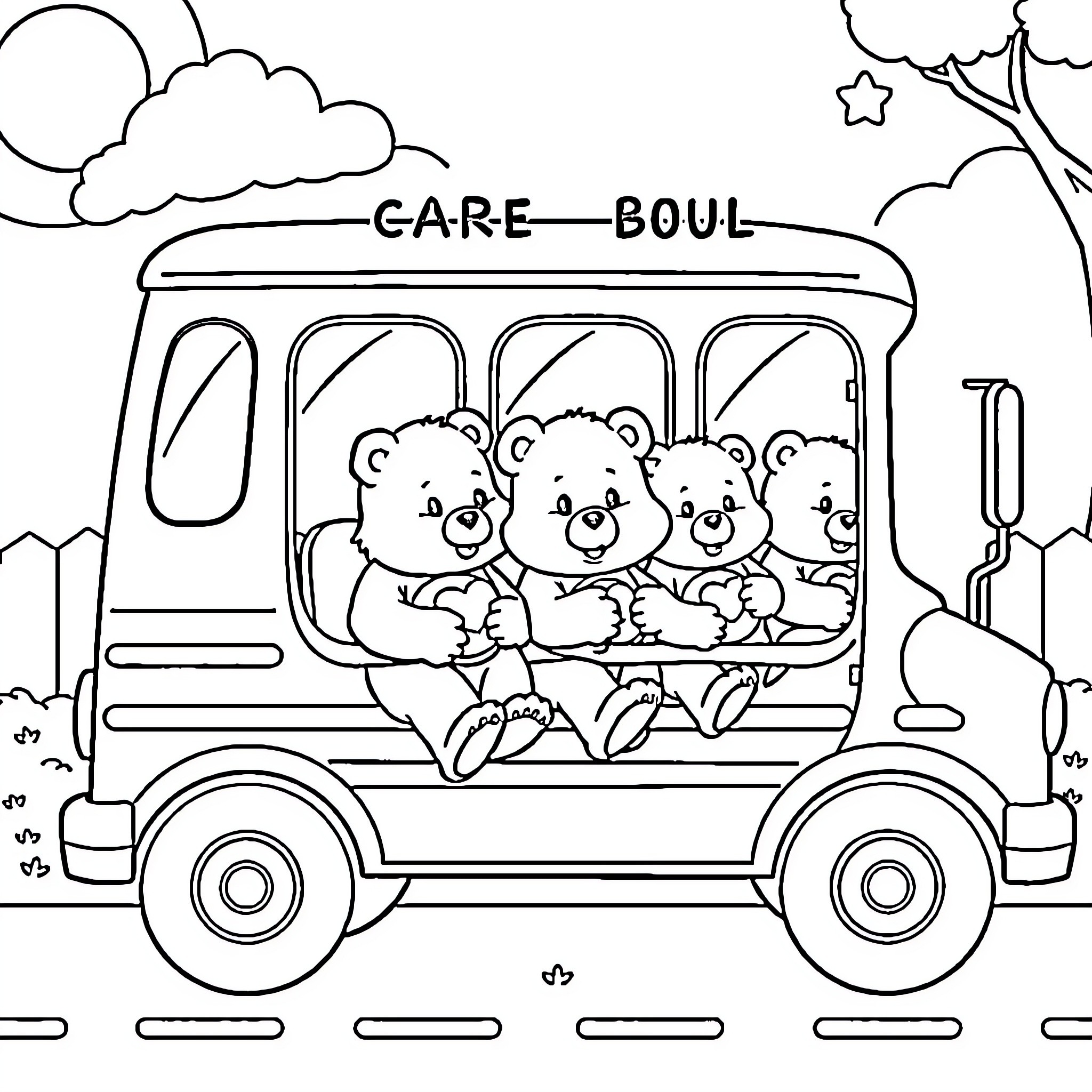 Care Bear friends riding in a bus Coloring Page (free black-and-white line drawing printable PDF for all, from beginners to advanced learners, including children, teens, adults, and seniors)