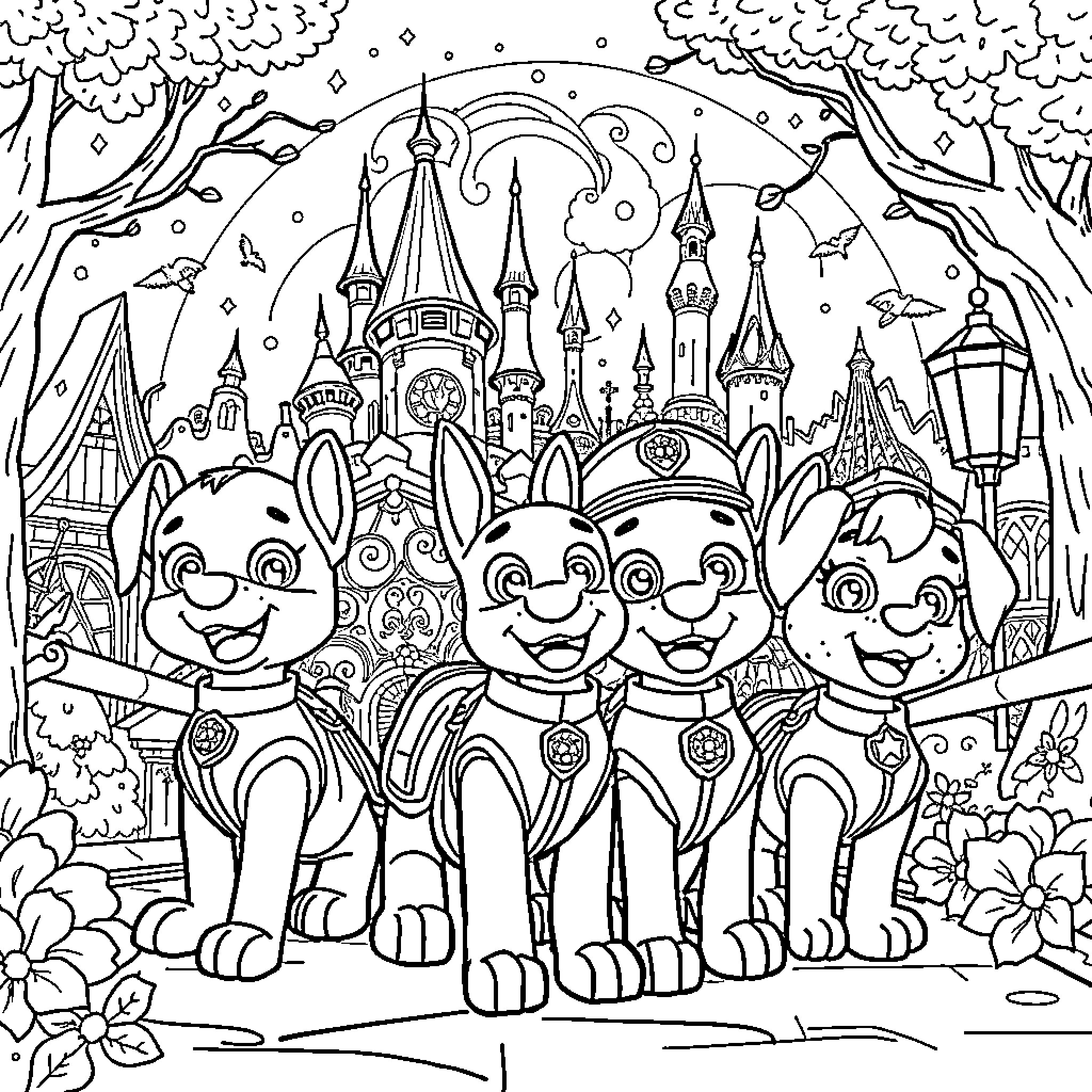 Paw Patrol characters in a magical fantasy world Coloring Page (free black-and-white line drawing printable PDF for all, from beginners to advanced learners, including children, teens, adults, and seniors)