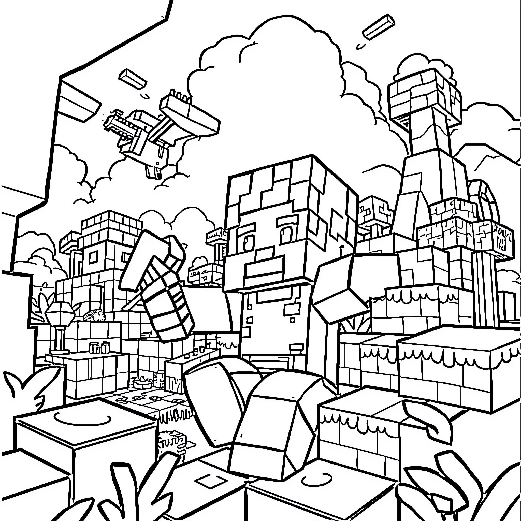 Minecraft characters and structures in a chaotic scene Coloring Page (free black-and-white line drawing printable PDF for all, from beginners to advanced learners, including children, teens, adults, and seniors)