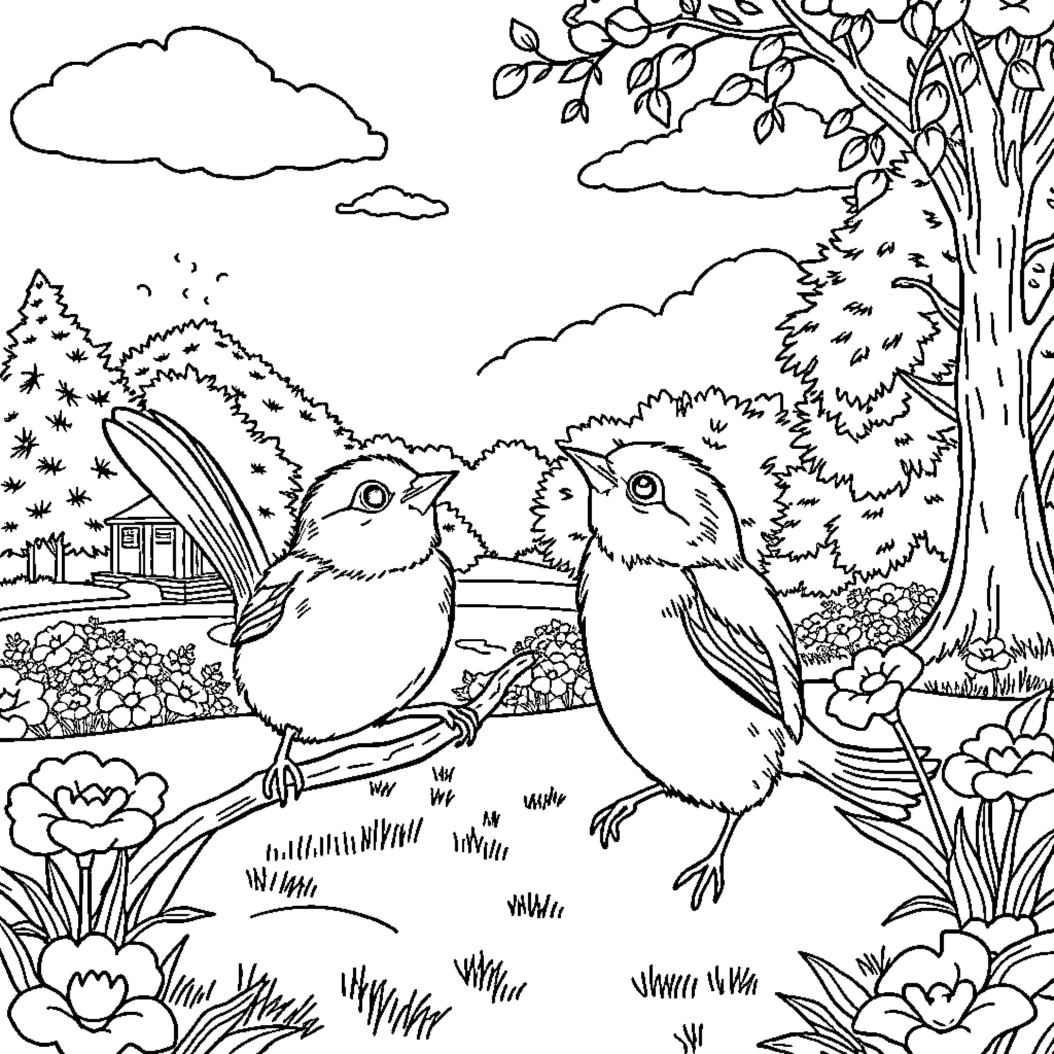 Semaphore of Cheerful Birds in Lush Landscape Coloring Page (free black-and-white line drawing printable PDF for all, from beginners to advanced learners, including children, teens, adults, and seniors)