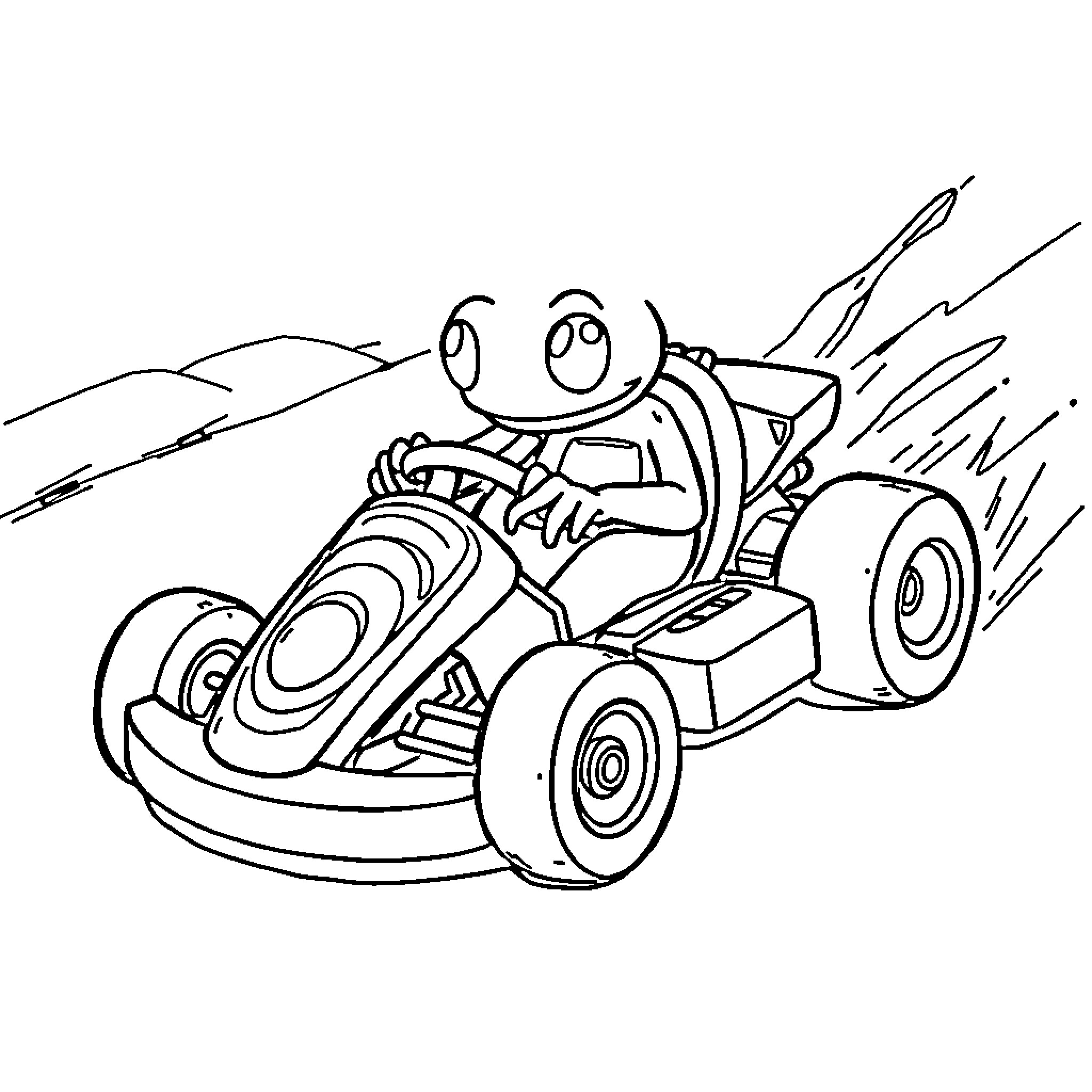 Spider racing recklessly on a go-kart Coloring Page (free black-and-white line drawing printable PDF for all, from beginners to advanced learners, including children, teens, adults, and seniors)