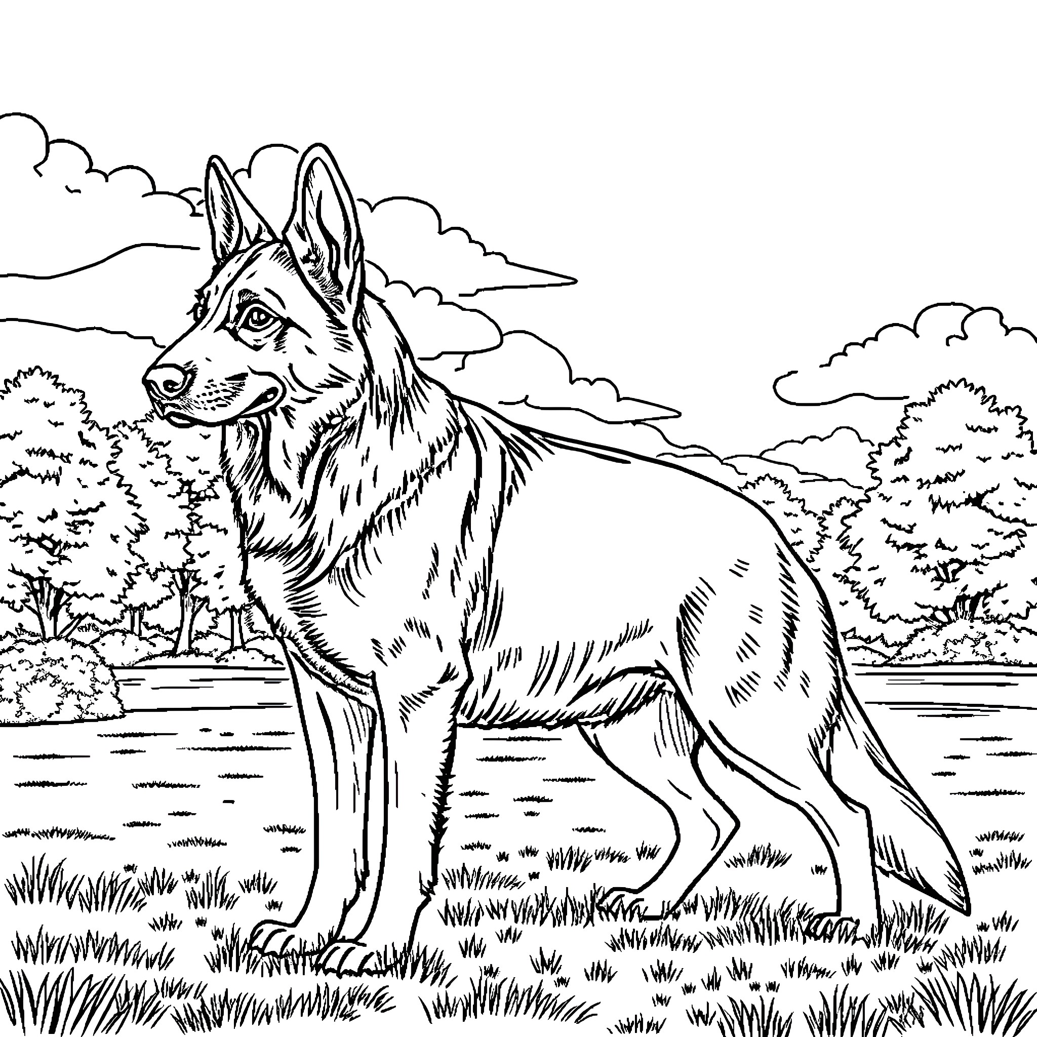 German Shepherd enjoying nature in the countryside Coloring Page (free black-and-white line drawing printable PDF for all, from beginners to advanced learners, including children, teens, adults, and seniors)