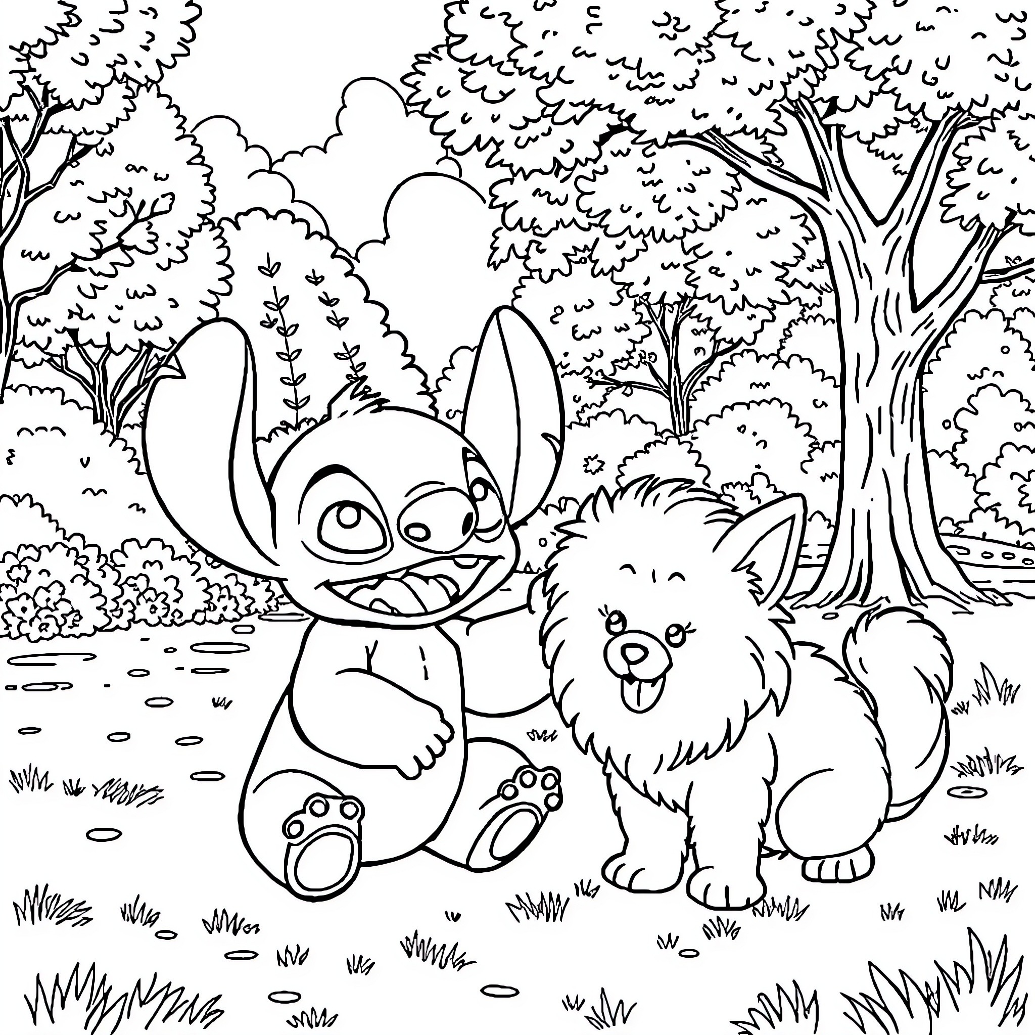 Stitch and Puffball in a Whimsical Forest Coloring Page (free black-and-white line drawing printable PDF for all, from beginners to advanced learners, including children, teens, adults, and seniors)