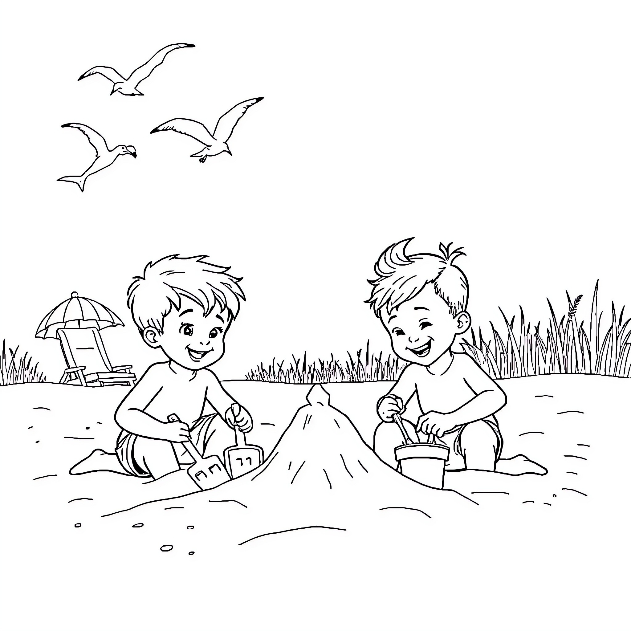 Brother's Playful Beach Adventure Coloring Page (free black-and-white line drawing printable PDF for all, from beginners to advanced learners, including children, teens, adults, and seniors)