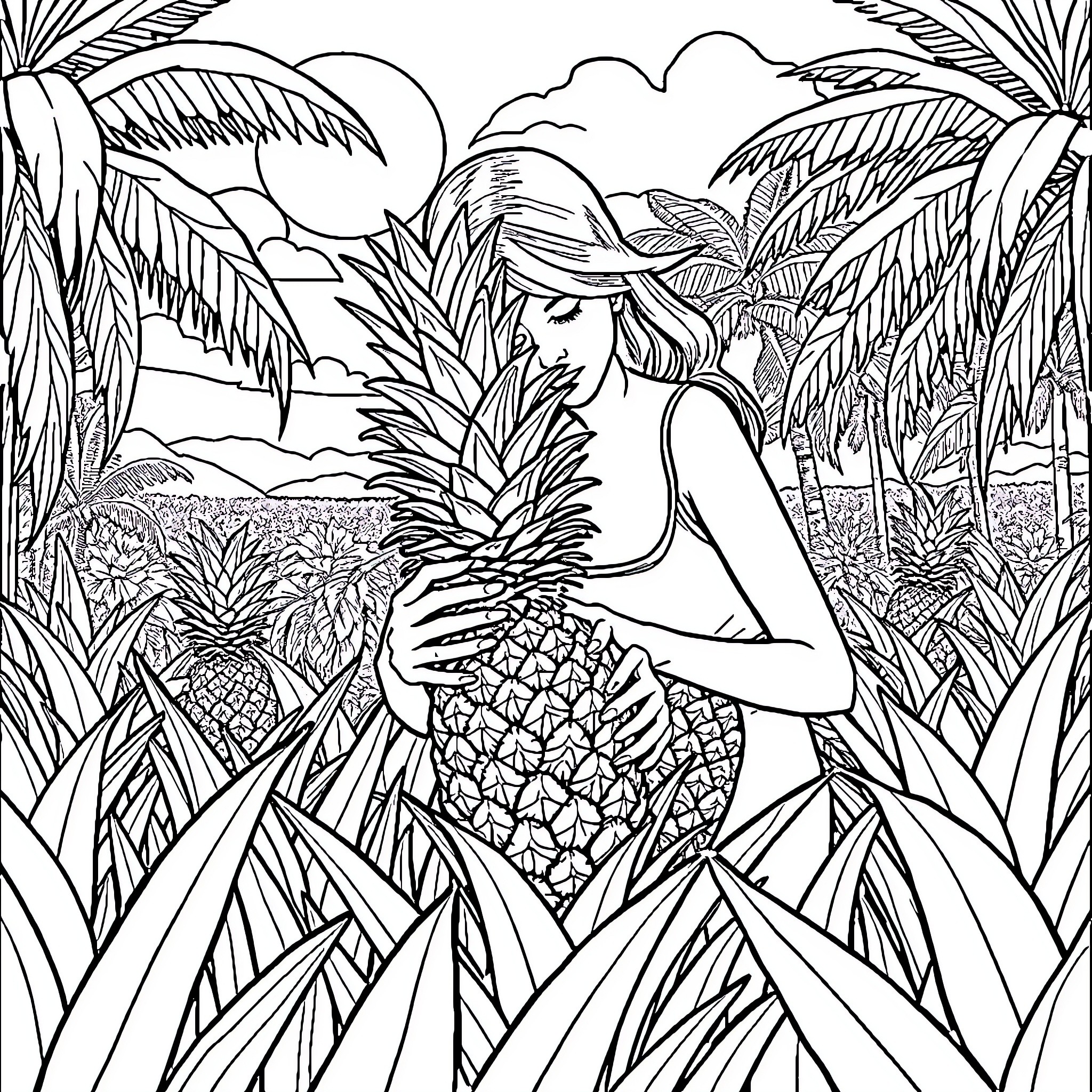 Belle embracing the tropical paradise Coloring Page (free black-and-white line drawing printable PDF for all, from beginners to advanced learners, including children, teens, adults, and seniors)