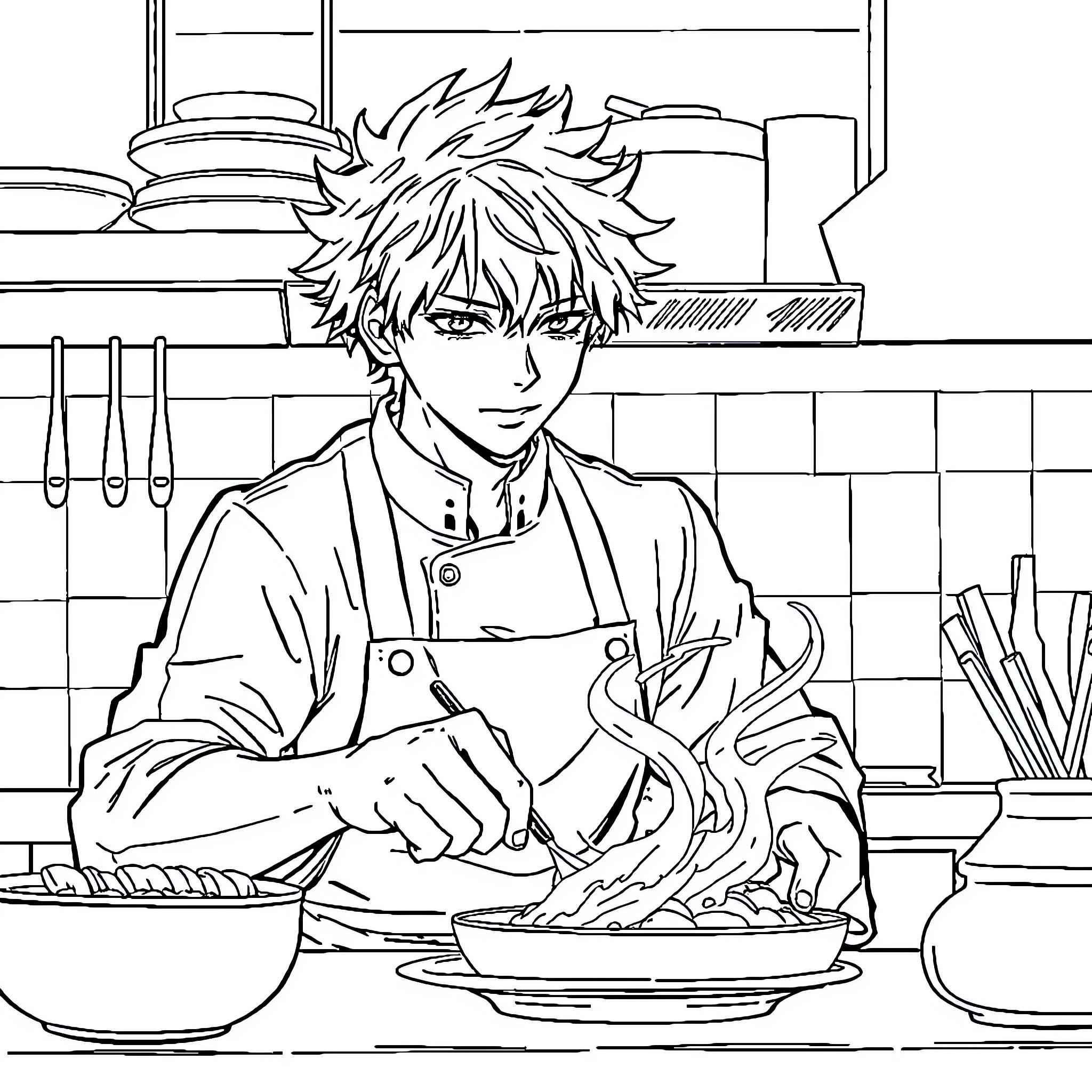 Katsuki Bakugo cooking in the kitchen Coloring Page (free black-and-white line drawing printable PDF for all, from beginners to advanced learners, including children, teens, adults, and seniors)