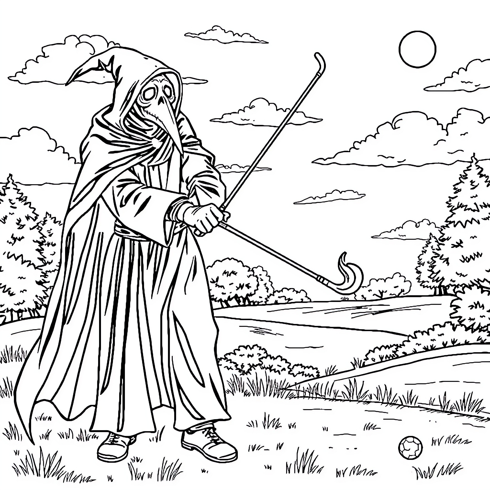 Plague Doctor surveying a desolate landscape Coloring Page (free black-and-white line drawing printable PDF for all, from beginners to advanced learners, including children, teens, adults, and seniors)